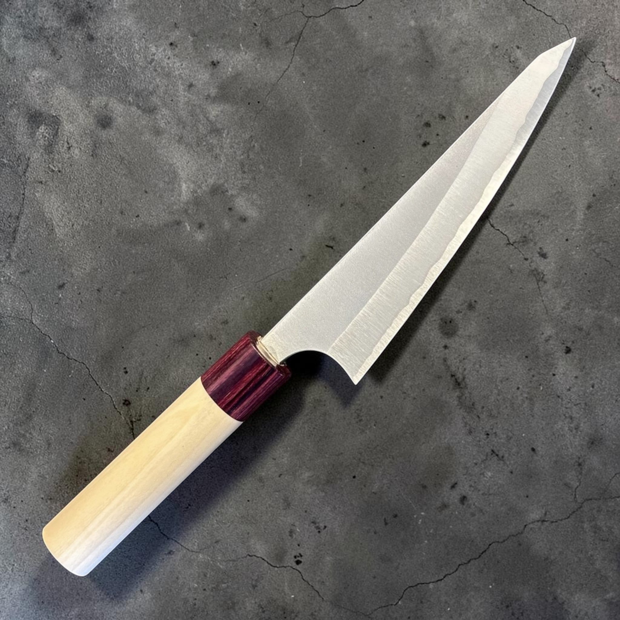 Masakage Yuki White #2 Honesuki 150 mm, Japanese poultry boning knife with hammered stainless cladding and pale wood wa handle.