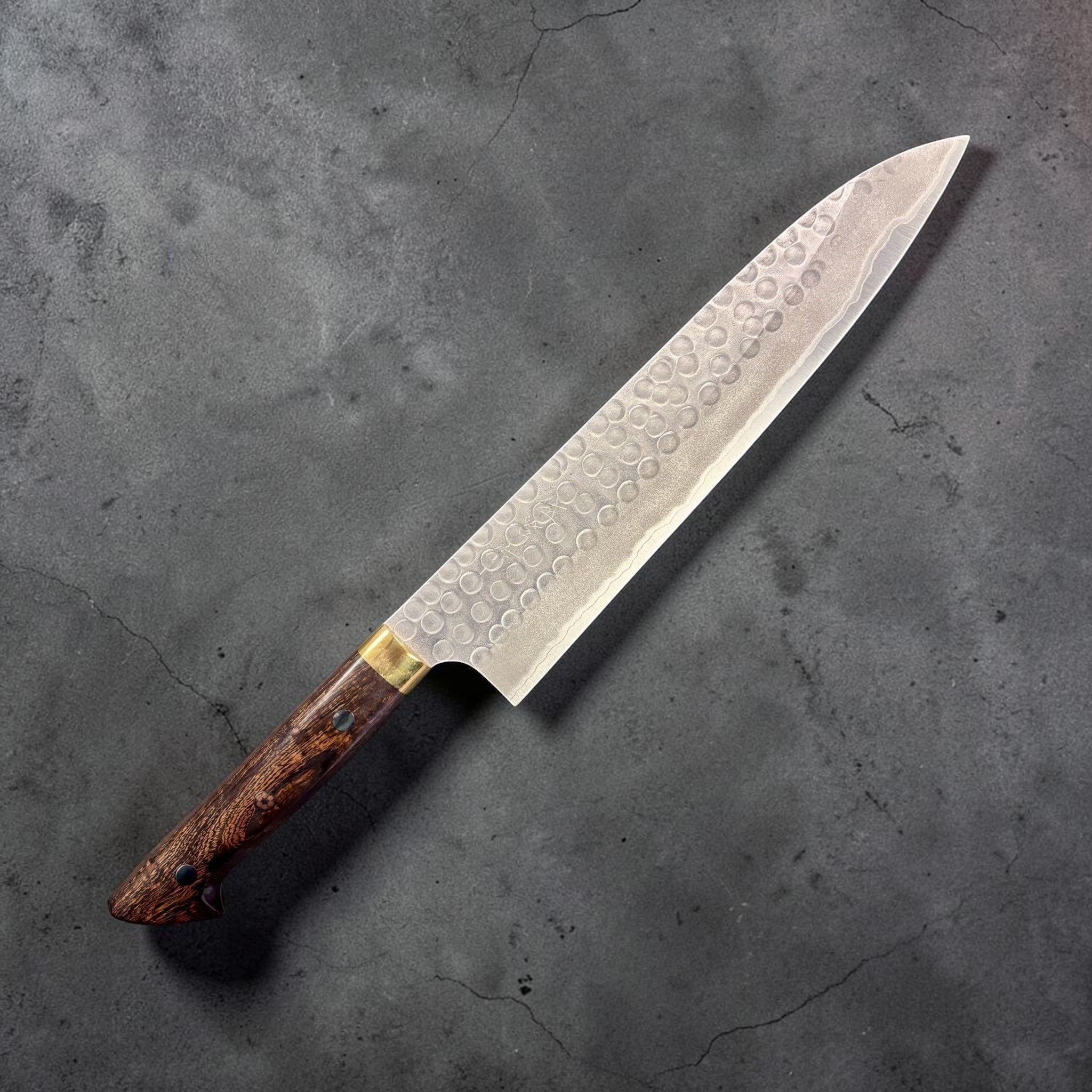 Masakage Zero Stainless Clad Aogami Super Tsuchime Gyuto 240mm, close-up of tsuchime hammered pattern and profile.