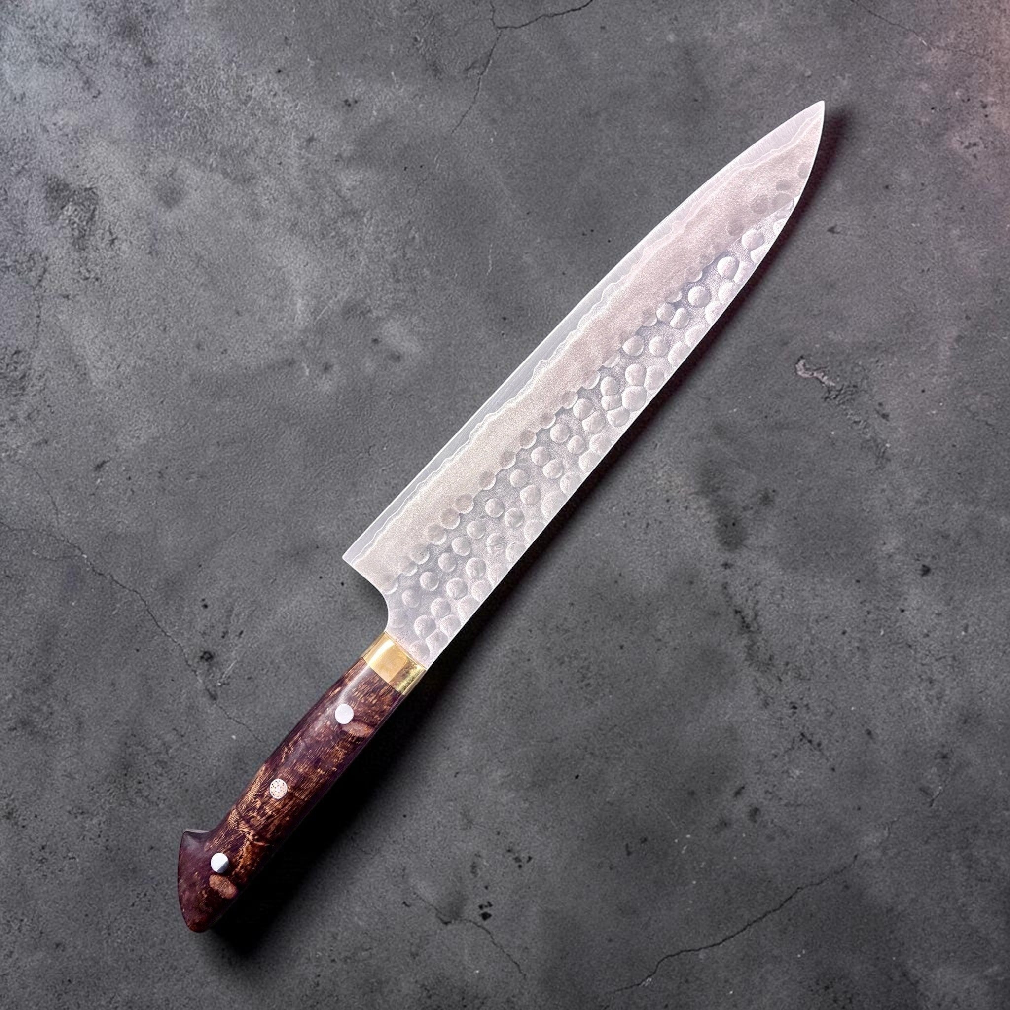Masakage Zero Stainless Clad Aogami Super Tsuchime Gyuto 240mm, close-up of tsuchime hammered pattern and profile. backside.