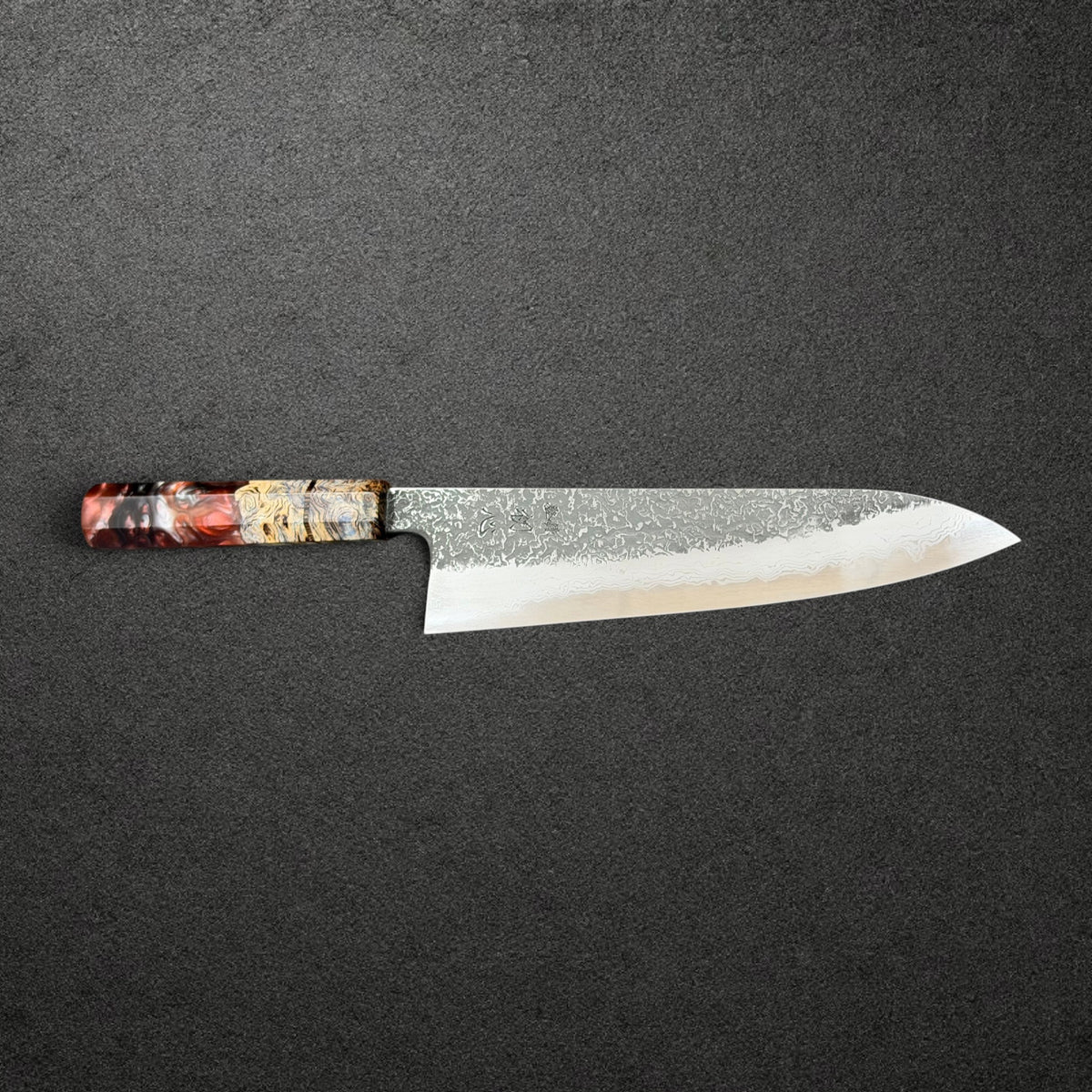 Masuda Kurozome 210mm gyuto engraved-side profile with red resin and golden figured Prisma handle