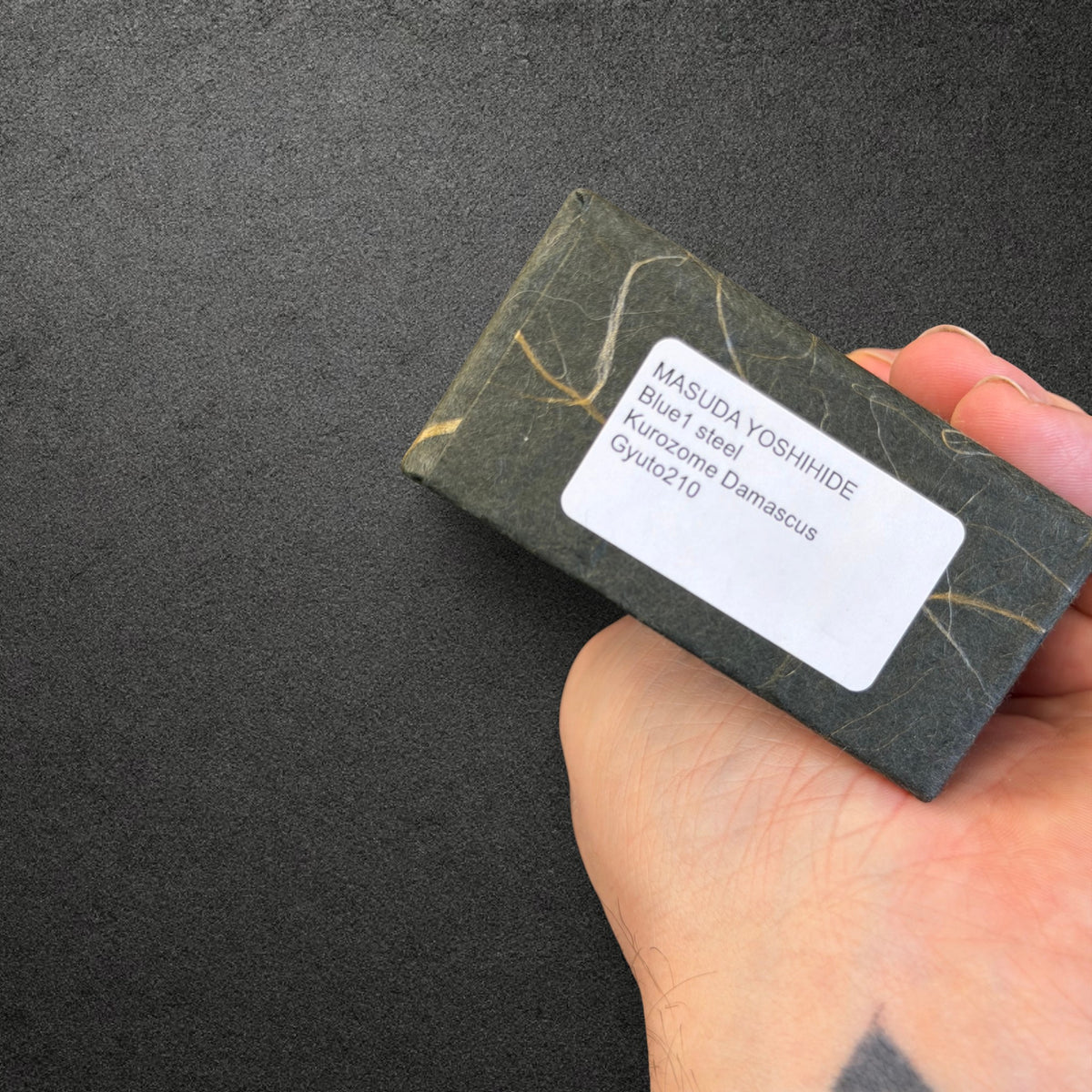 Masuda Yoshihide box label identifying Blue 1 steel Kurozome Damascus Gyuto 210