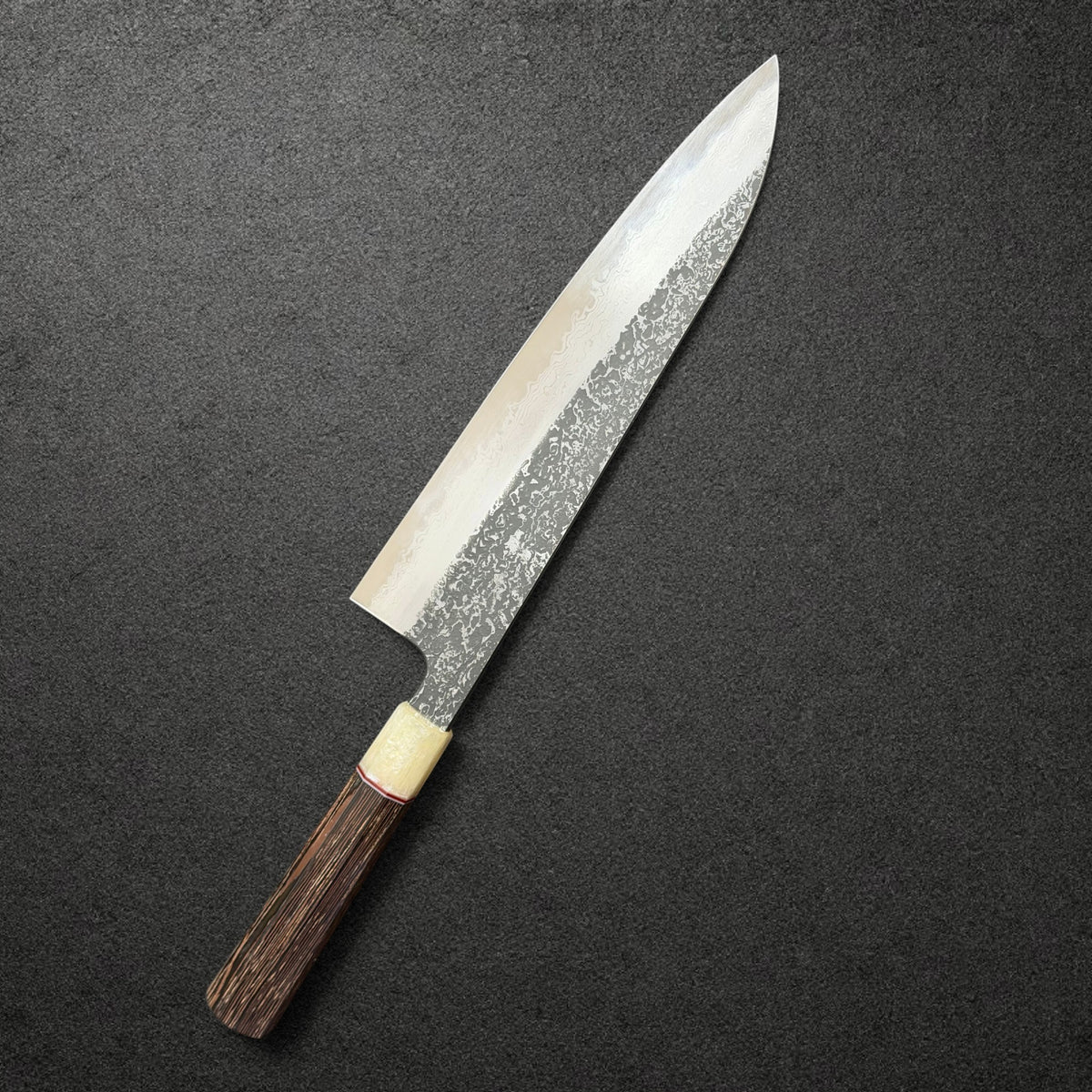 Masuda Blue 1 Kurozome Damascus Gyuto 240mm with Prisma wenge handle, angled reverse-side view