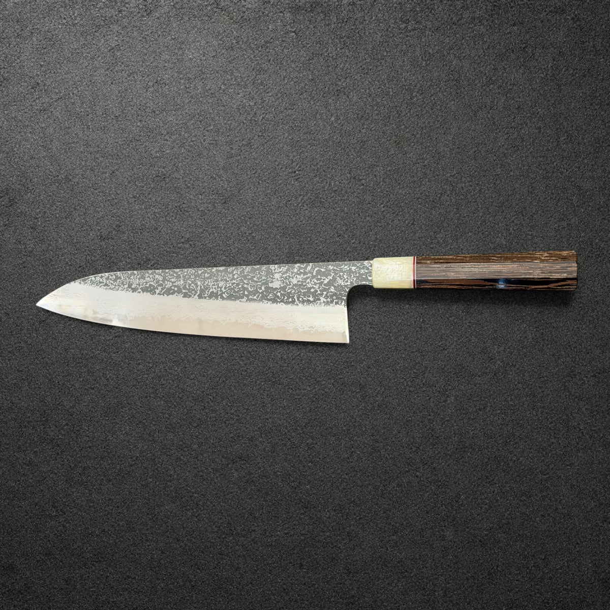 Masuda 240mm Kurozome Damascus gyuto opposite side profile with Prisma wenge wa handle