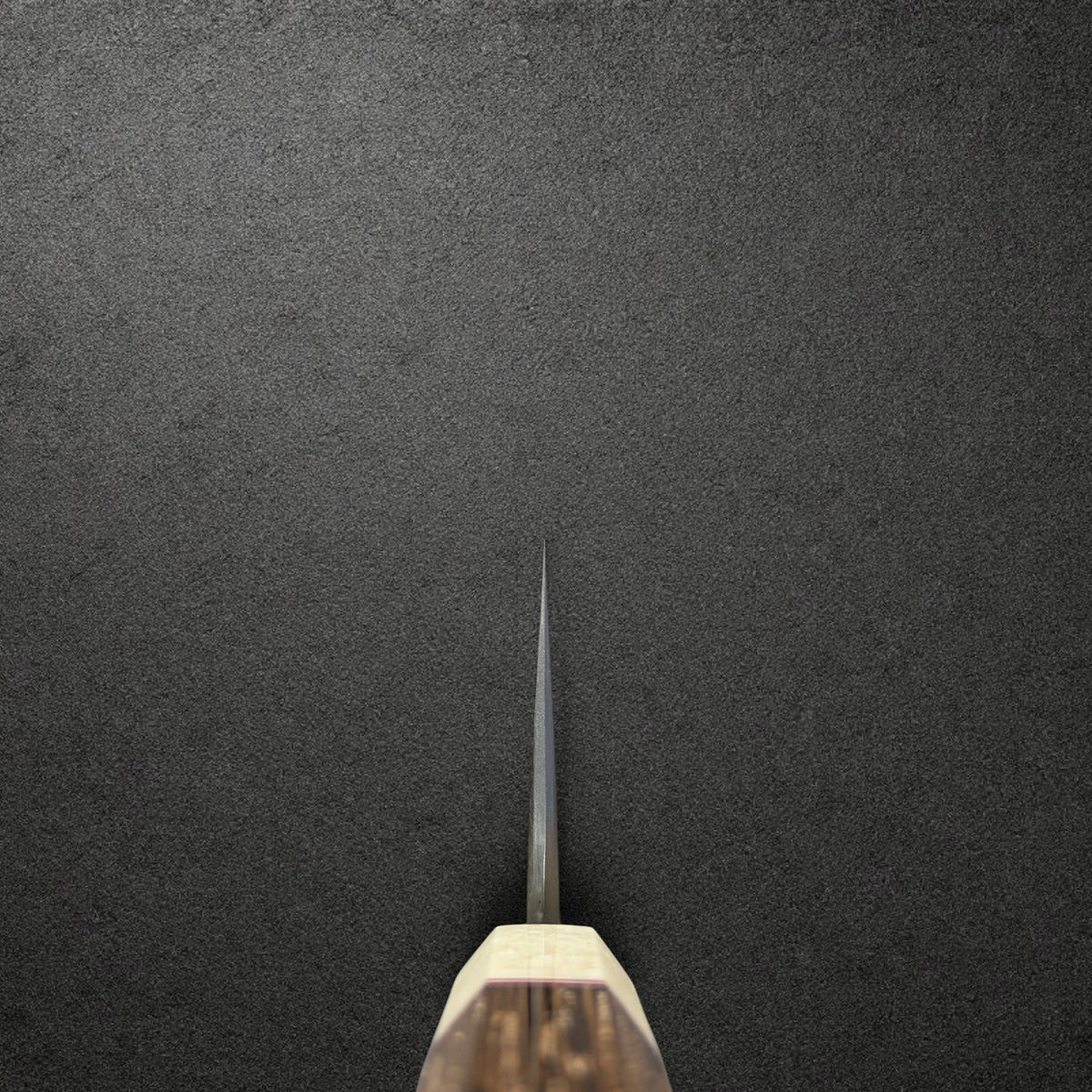 Choil view of Masuda Blue 1 Kurozome Gyuto 240mm looking along the blade from the Prisma handle