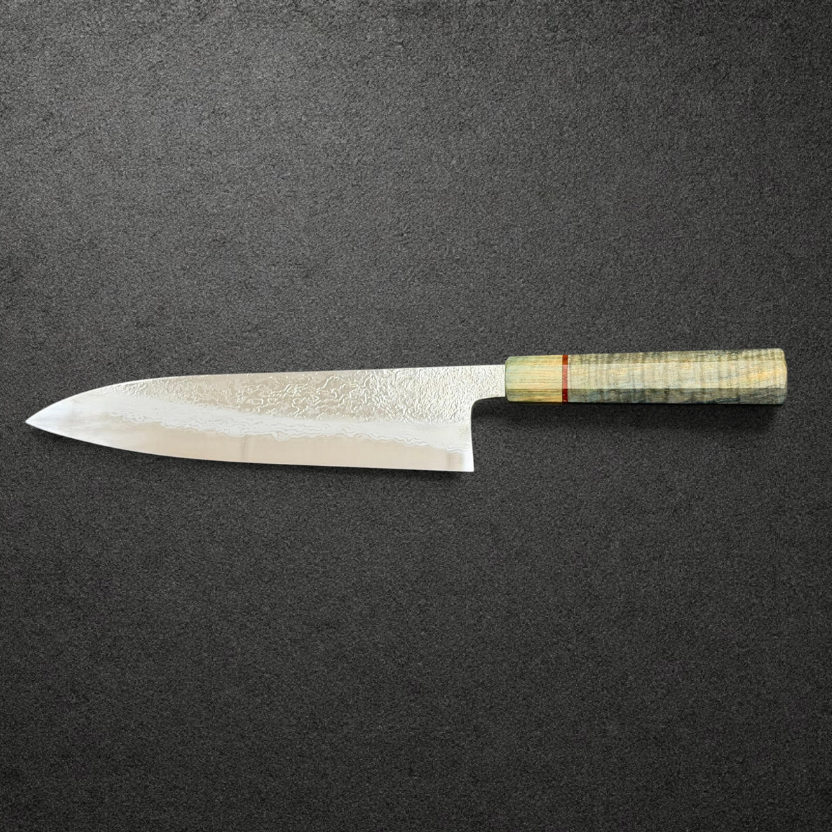 Masuda 240mm Migaki Damascus gyuto opposite side profile with Prisma wa handle