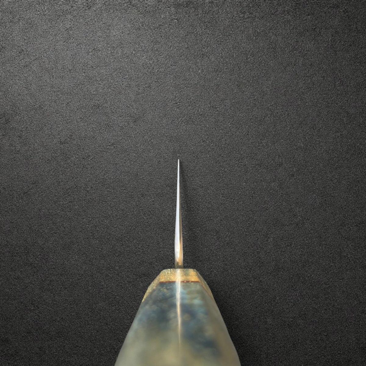 Choil view of Masuda Blue 1 Gyuto 240mm looking along the blade from the Prisma handle