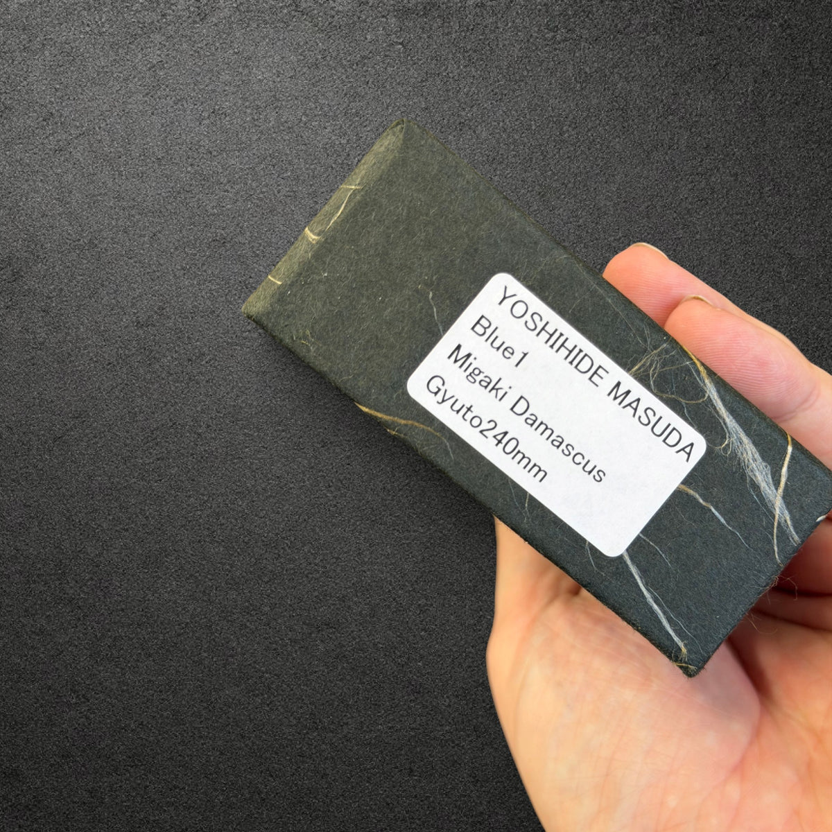 Yoshihide Masuda box label identifying Blue 1 Migaki Damascus Gyuto 240mm