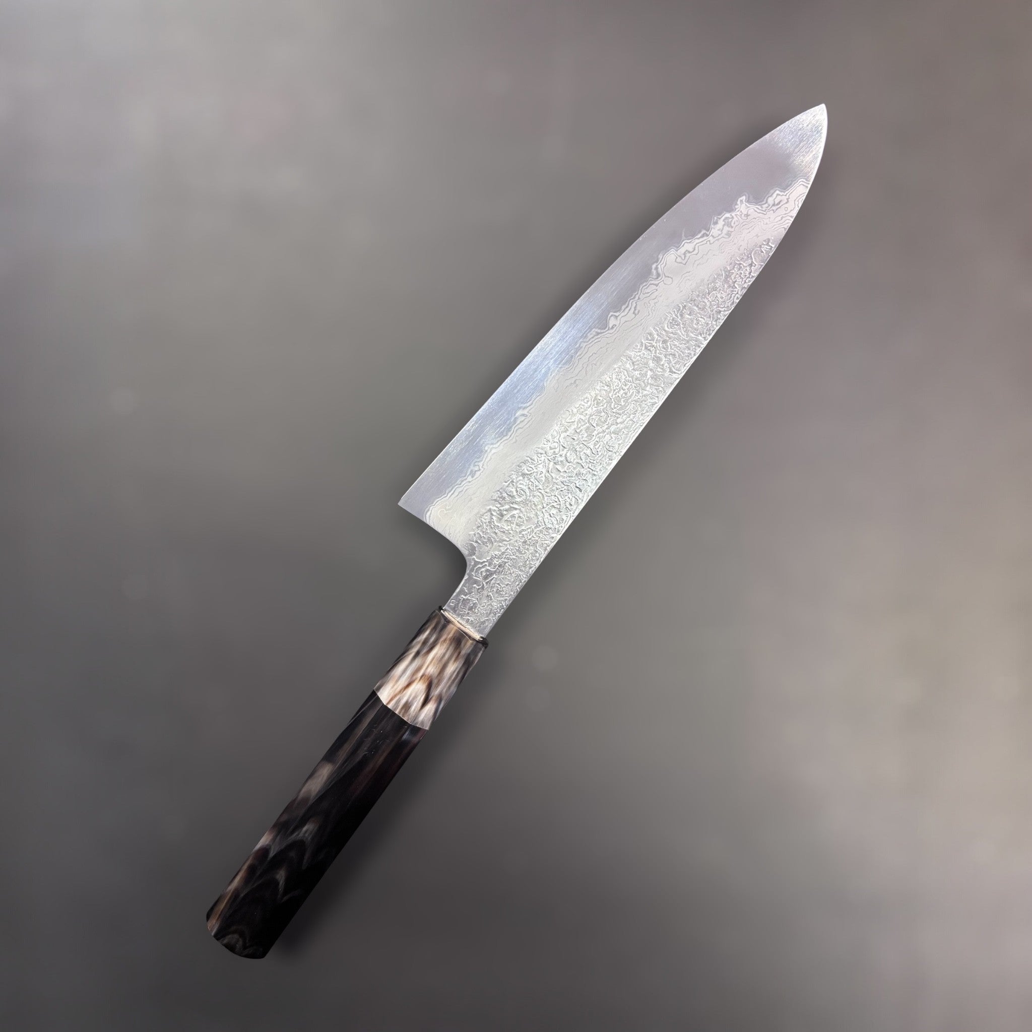 Masuda Yoshihide Blue #1 Damascus Gyuto 190 mm, reverse face and solid buffalo horn handle in full view.