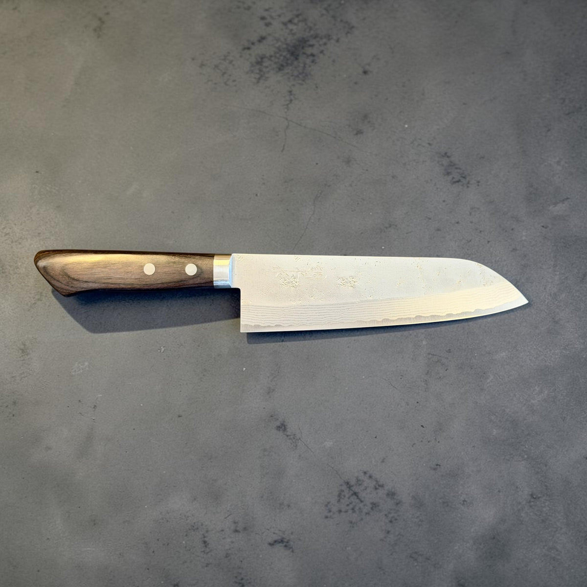 Masutani Sekka VG10 Nashiji Santoku 170mm with black pakkawood handle, full side view