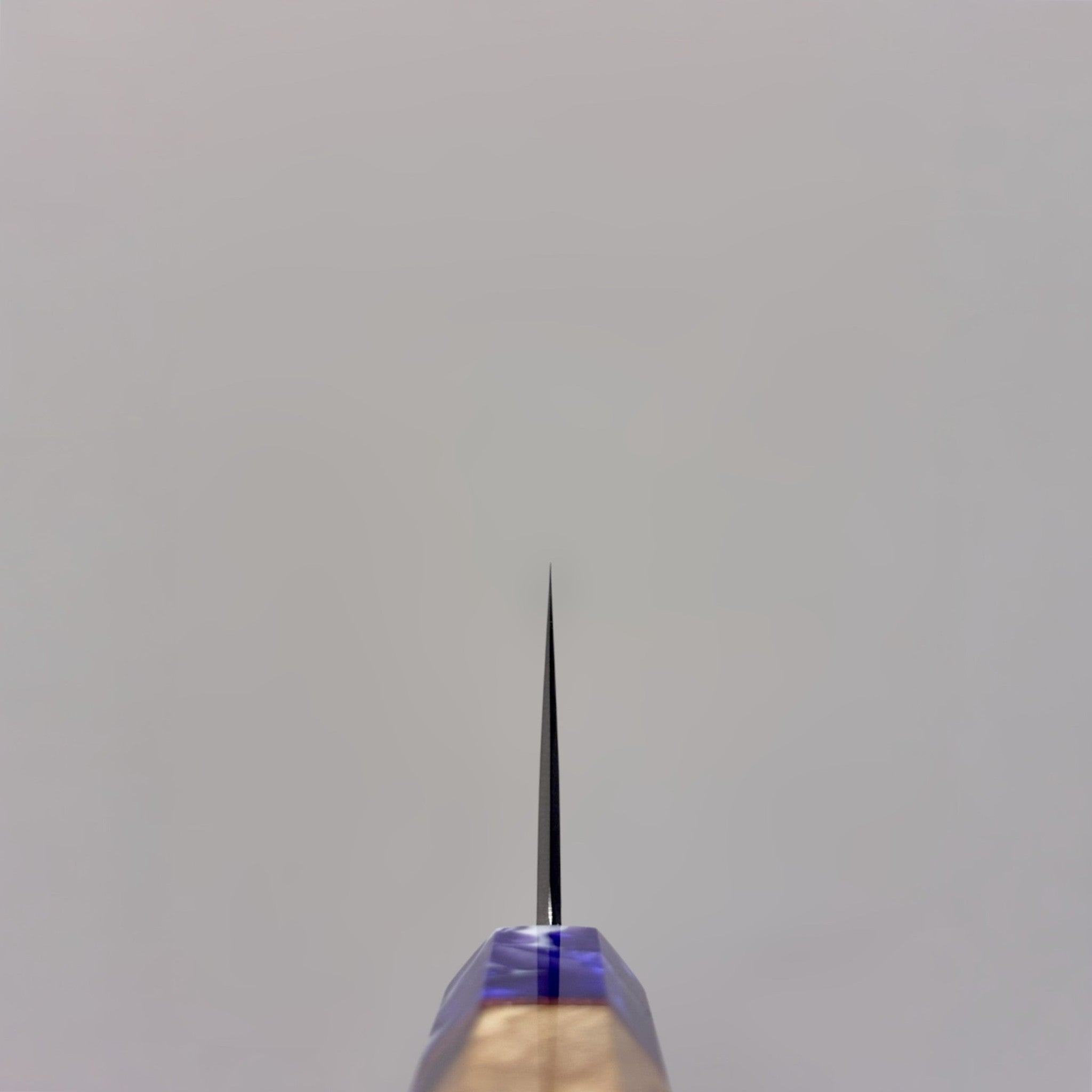 Miyazaki Kajiya ATS-34 Damascus Tsubaki 220 mm with Prisma knife handle, choil view showing the thin edge geometry and purple handle detail.