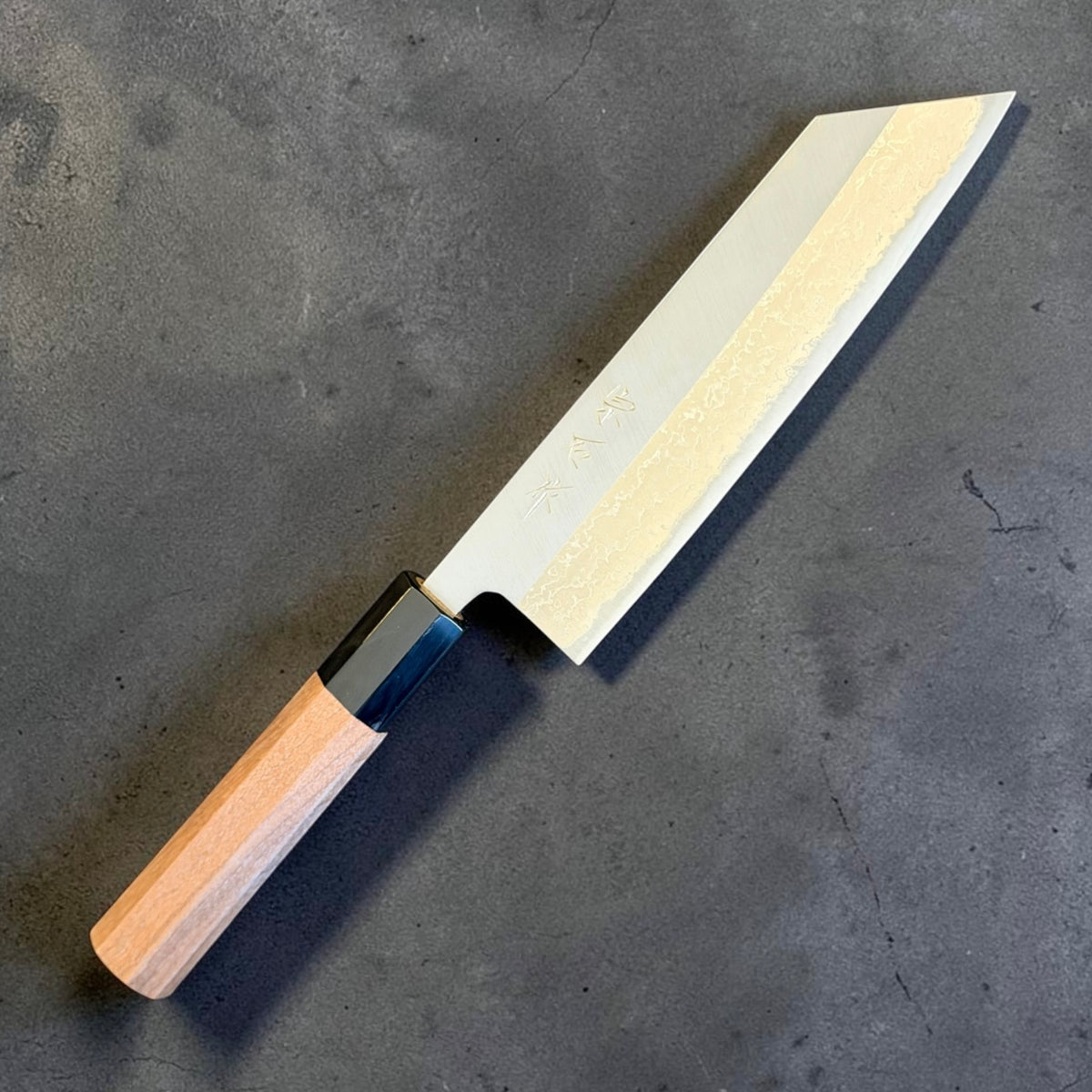 Muneishi Aogami #2 Damascus Bunka 165mm with walnut and horn handle, angled front view