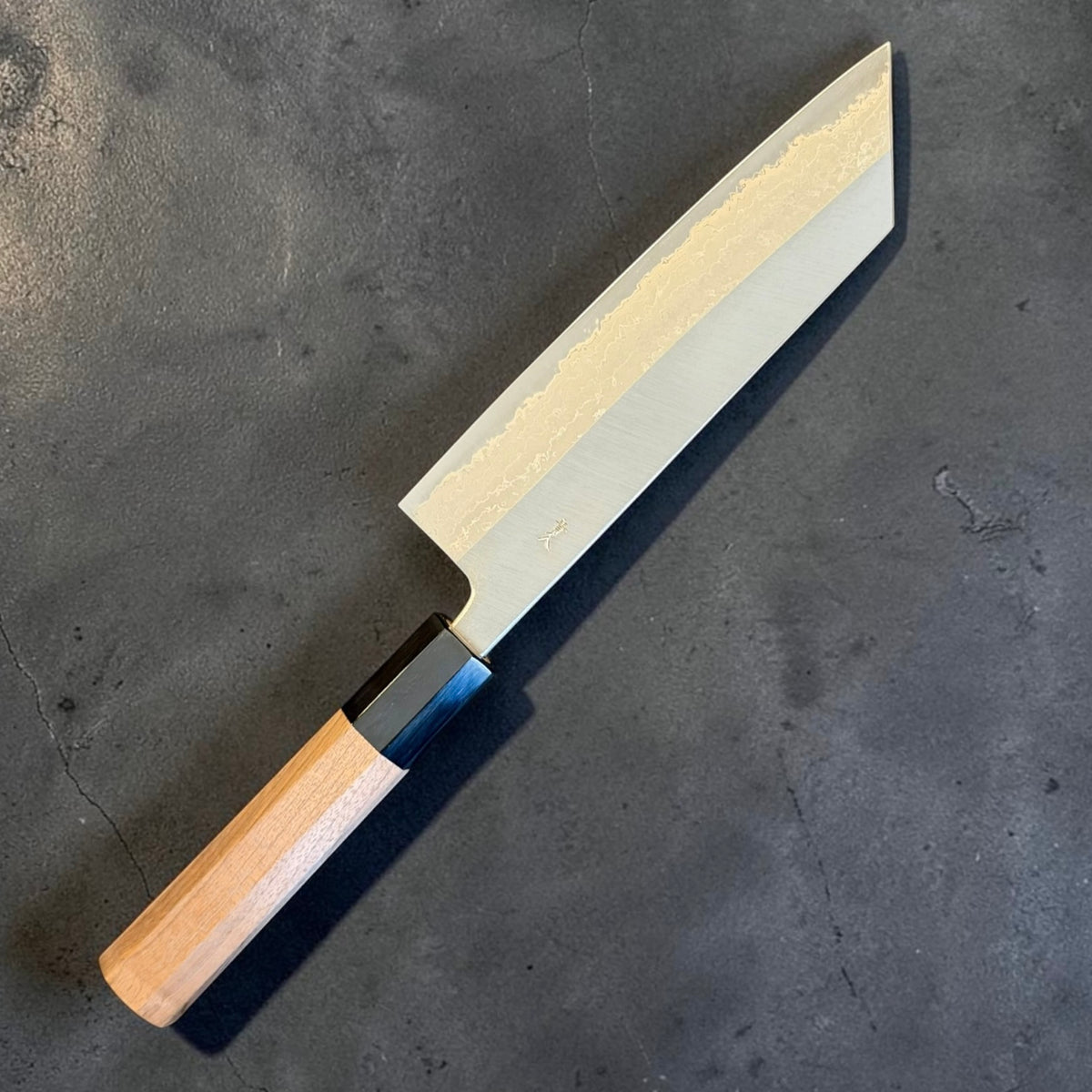 Muneishi Aogami #2 Damascus Bunka 165mm with walnut and horn handle, angled reverse view
