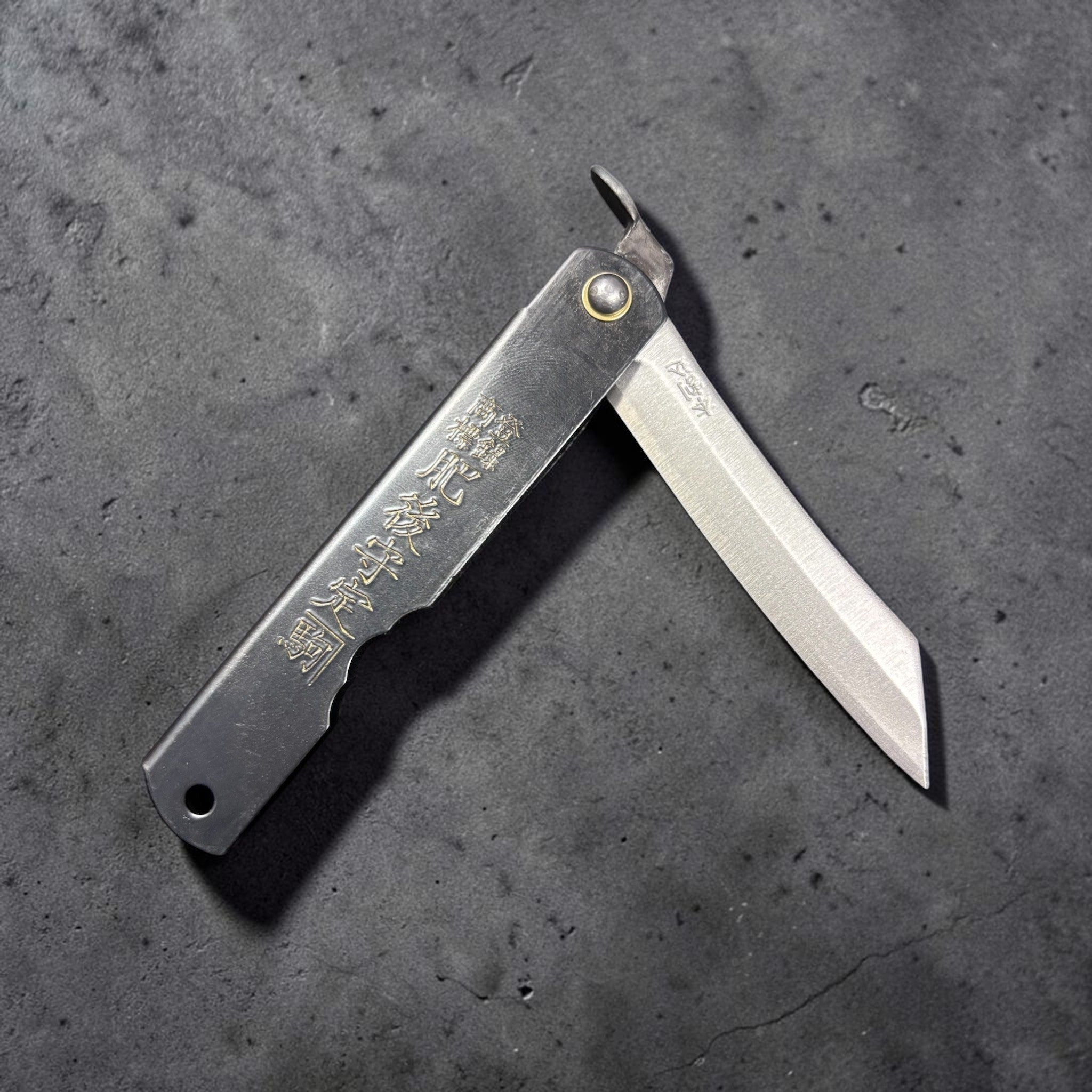Nagao Higonokami SK carbon steel medium Japanese friction folder, black handle with gold kanji, blade partially open on dark grey background.
