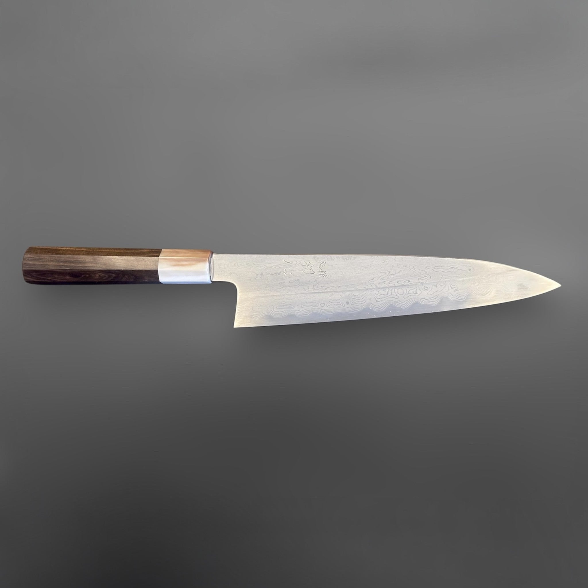 Nakagawa Satoshi Blue #1 Damascus Gyuto 225 mm with ebony and horn handle, side profile showing full blade and handle.