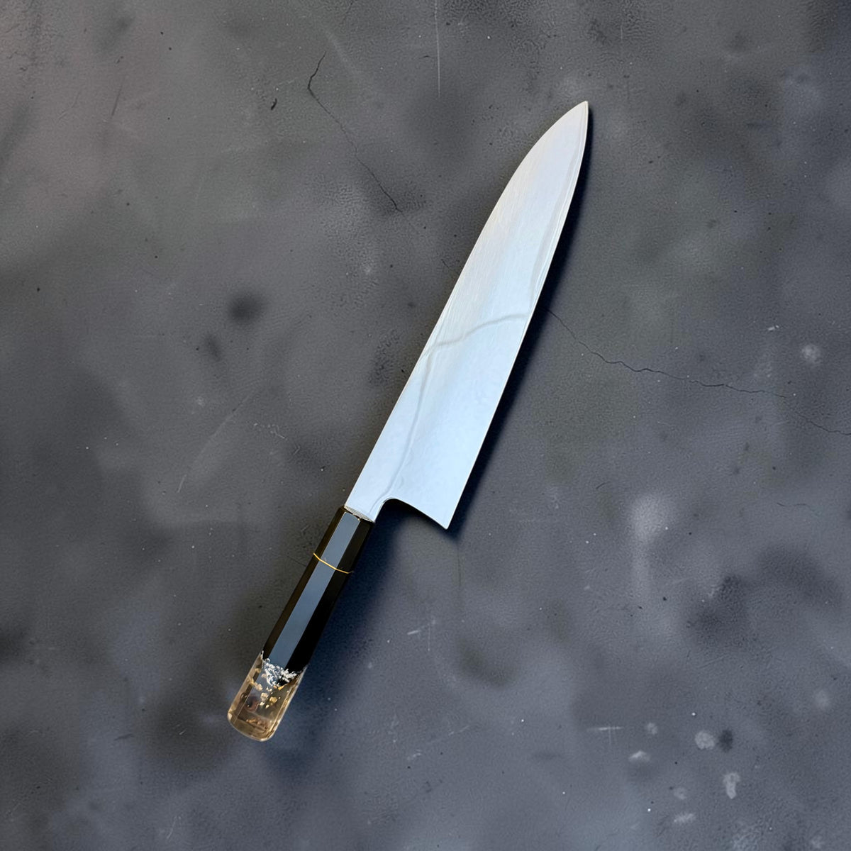 Reverse side of Nakagawa × Tokushu White #2 honyaki gyuto with mirror finish and custom Prisma handle