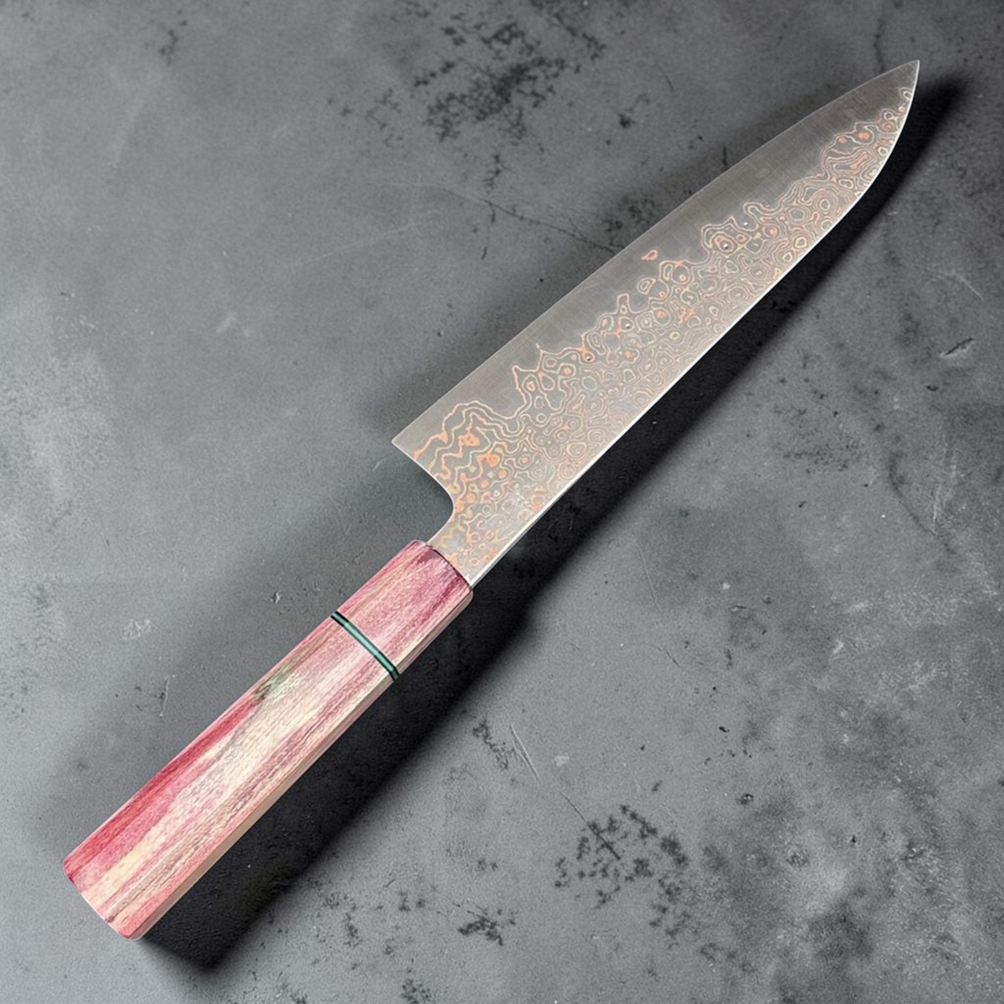 Nigara Anmon Blue #2 Gyuto 210 mm with rainbow prisma handle, sharpened by Naohito Myojin left side.