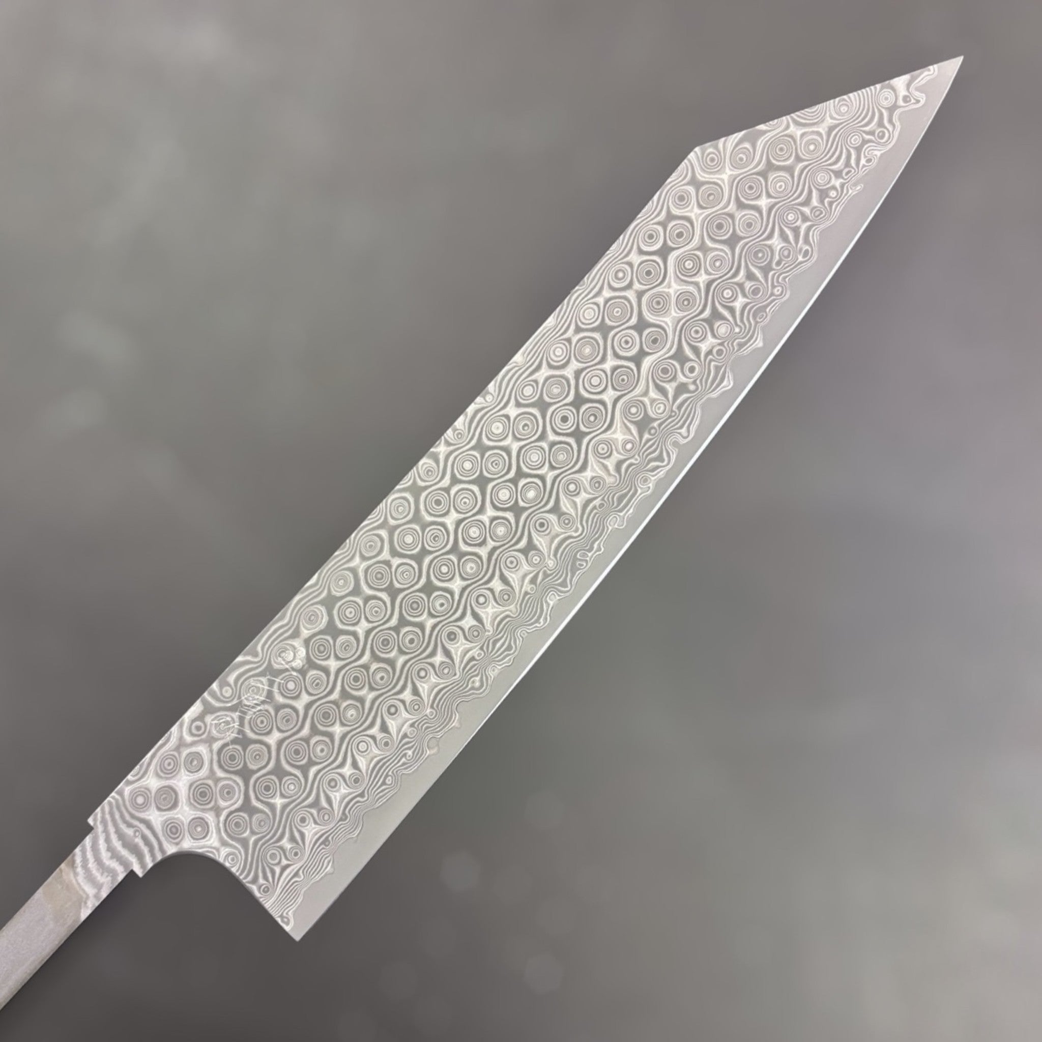 Nigara Anmon SG2 Kiritsuke Gyuto 240 mm, close-up of the Damascus Anmon pattern showing layered steel rings and wavy lines on a kiritsuke-style blade. Right side of the blade.