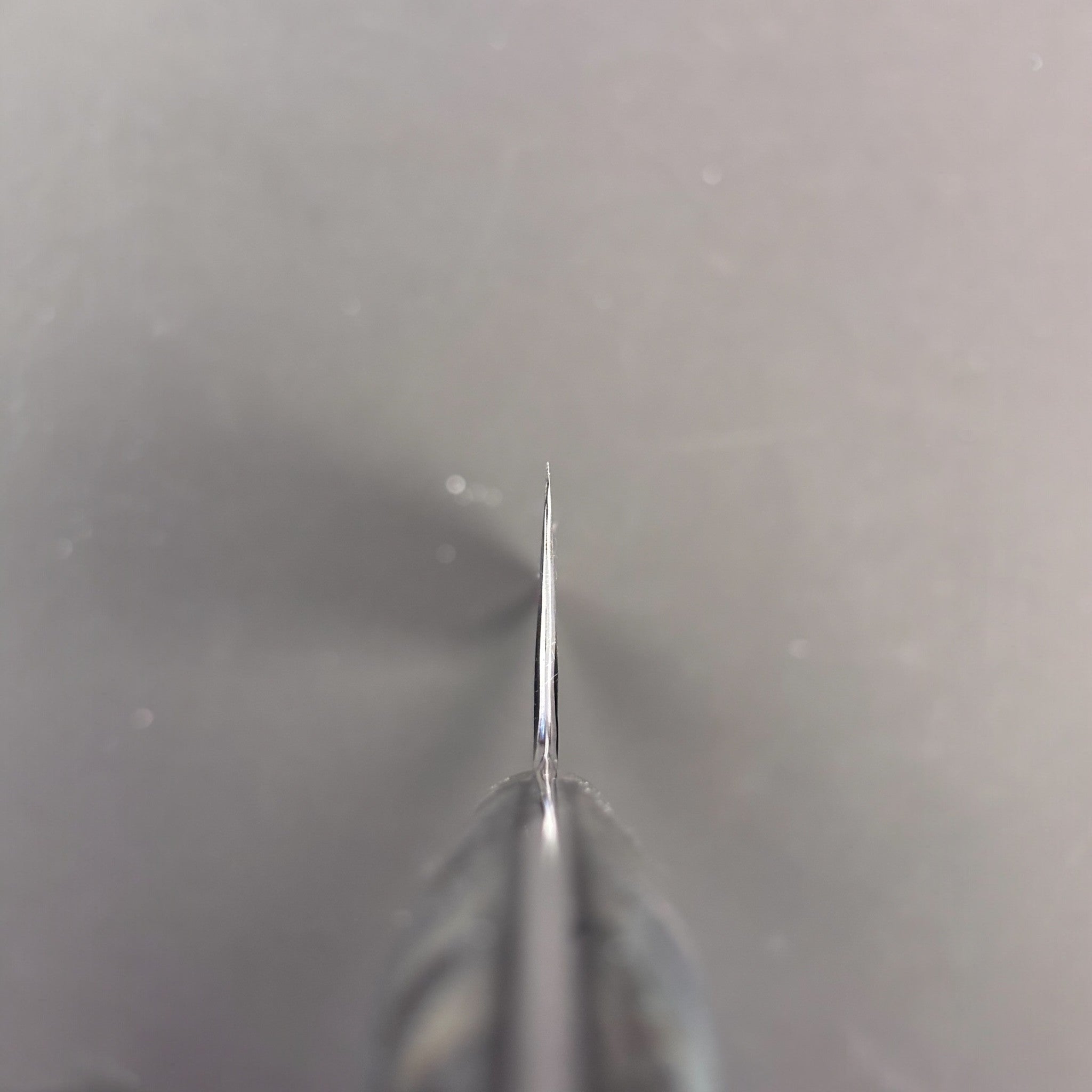 Spine view of the Nigara SG2 Kurouchi Tsuchime Gyuto 210 mm choil shot.
