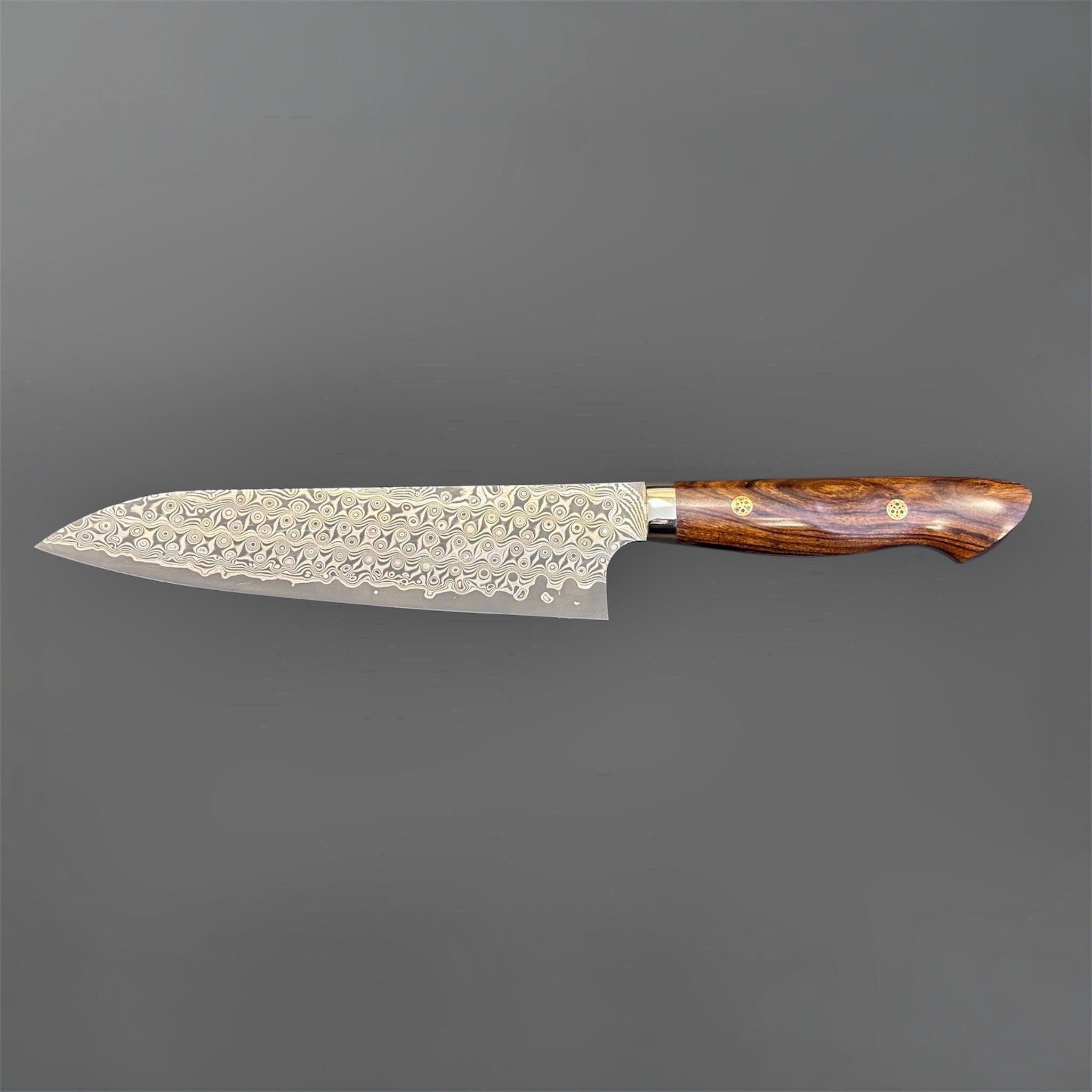 Nigara Hamono Anmon SG2 210 mm Gyuto with ironwood western handle, reverse side profile with ironwood western handle.