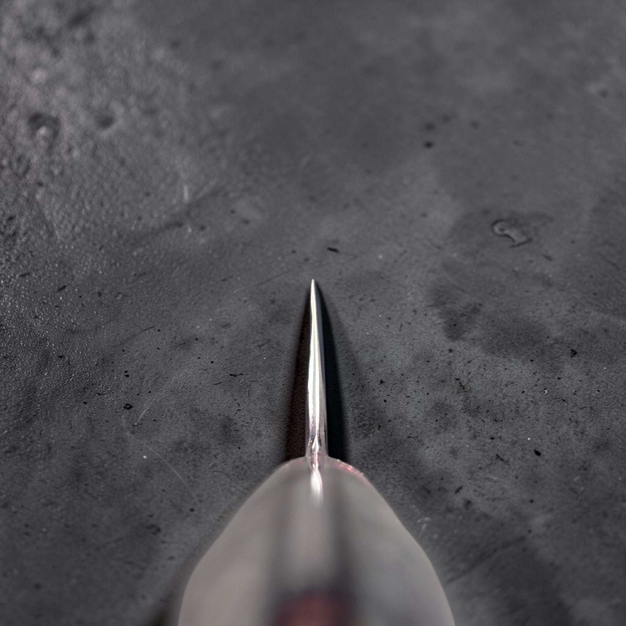 Nigara Hamono SG2 Kurouchi Tsuchime Sujihiki 300 mm with abalone western handle, choil shot.