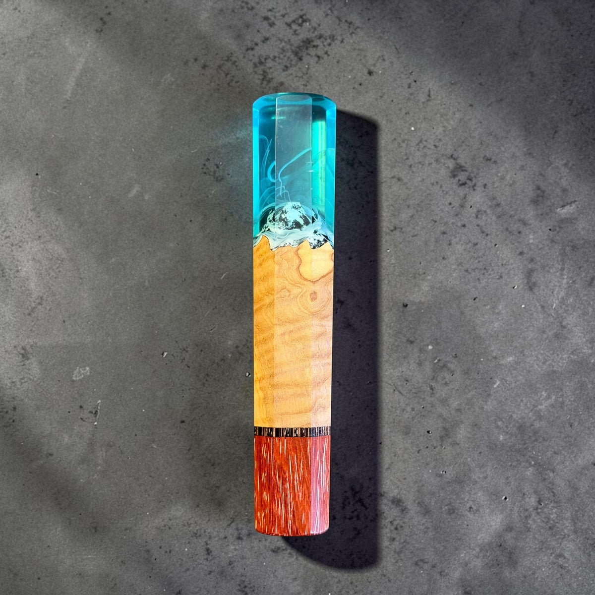 Prisma Knife Alpine Ember custom wa handle, 141mm, with turquoise mountain resin, figured wood, and red end cap.