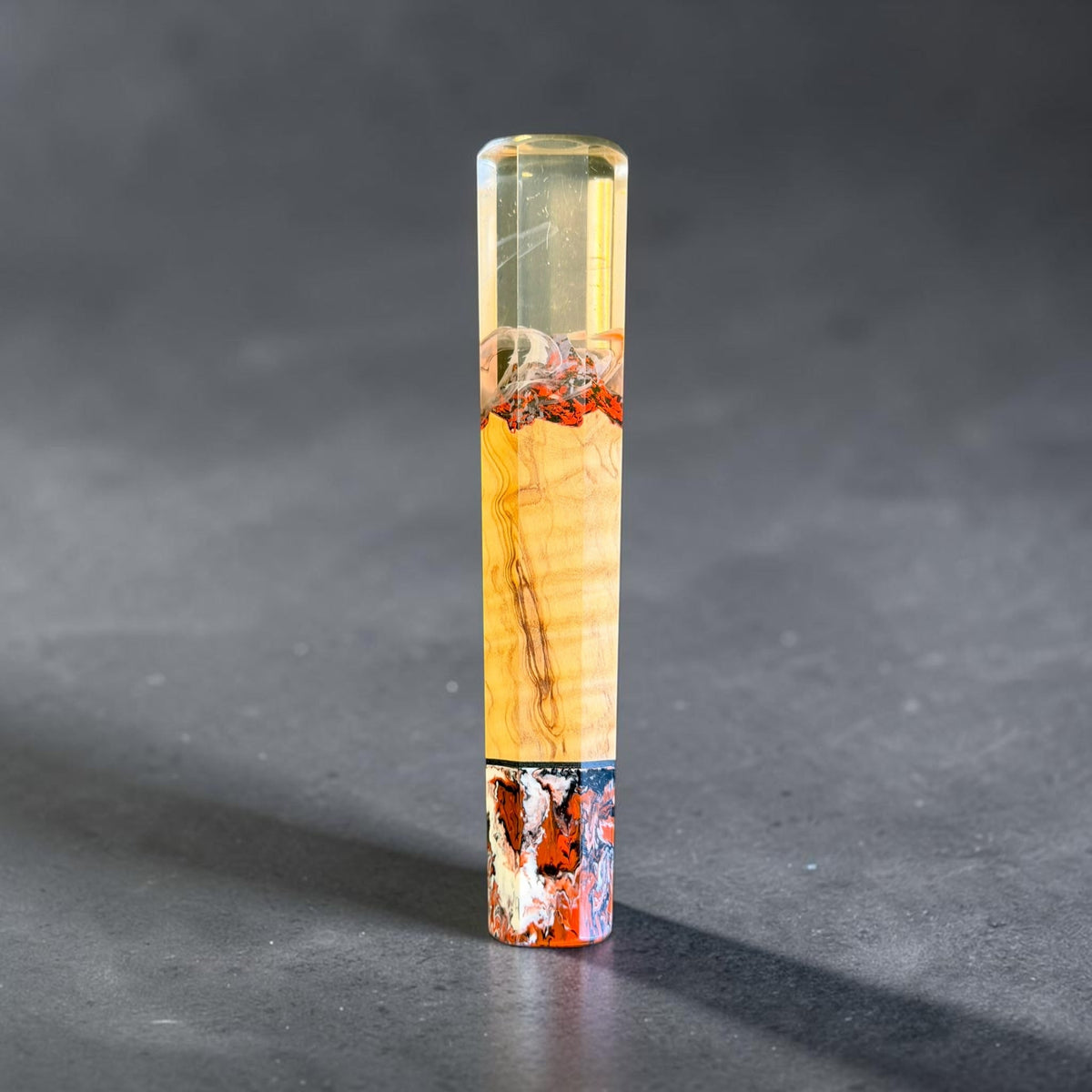 Prisma Knife Amber Caldera custom wa handle, 141mm, with amber resin, figured wood, and marbled end cap.