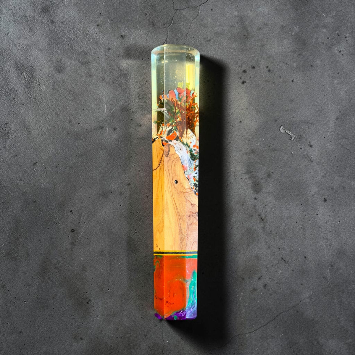Prisma Knife Butterfly Garden custom wa handle, 142mm, with clear floral resin, golden figured wood, and a multicolor resin end cap.