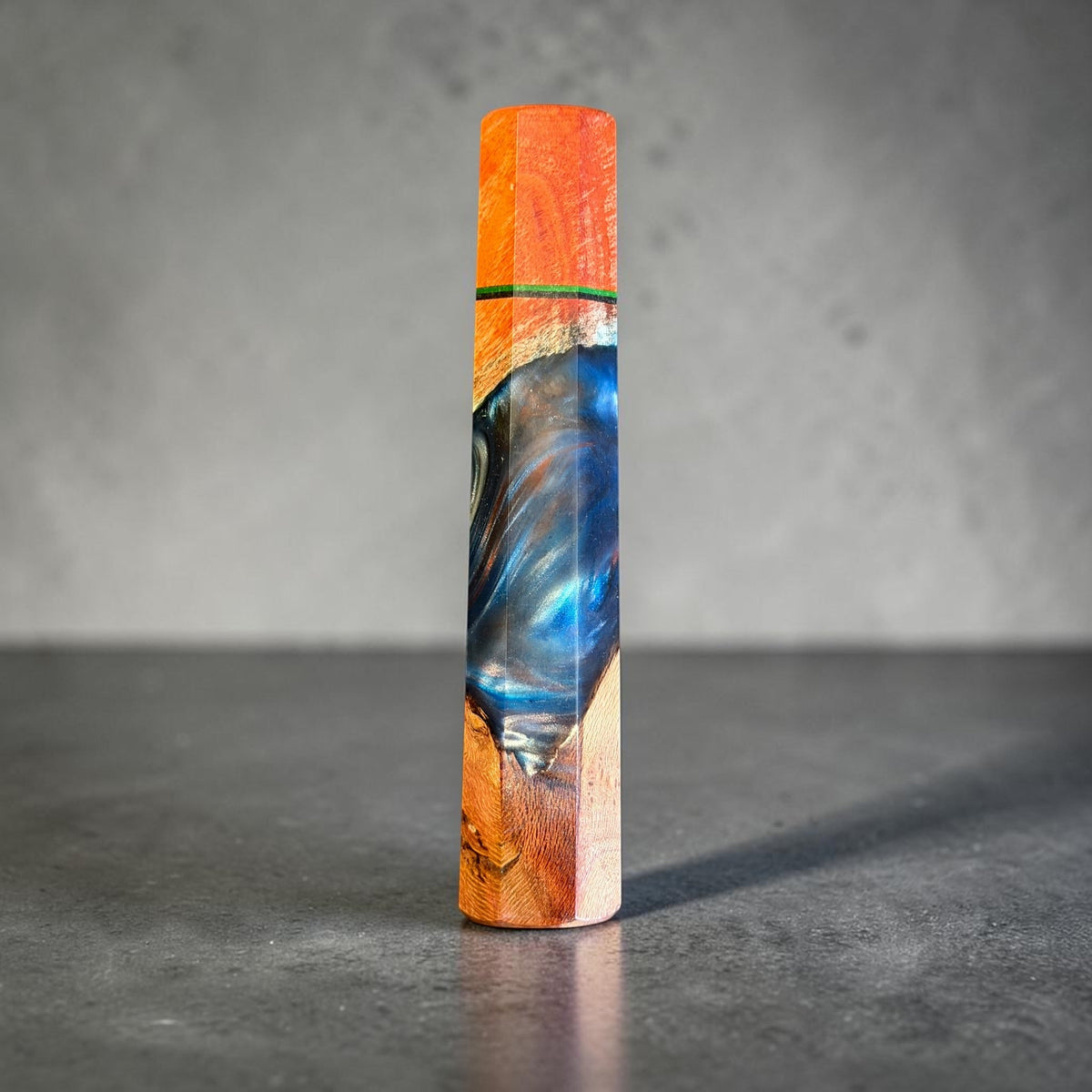 Prisma Knife Cosmic Divide custom wa handle, 135mm, with orange wood and deep blue cosmic resin.
