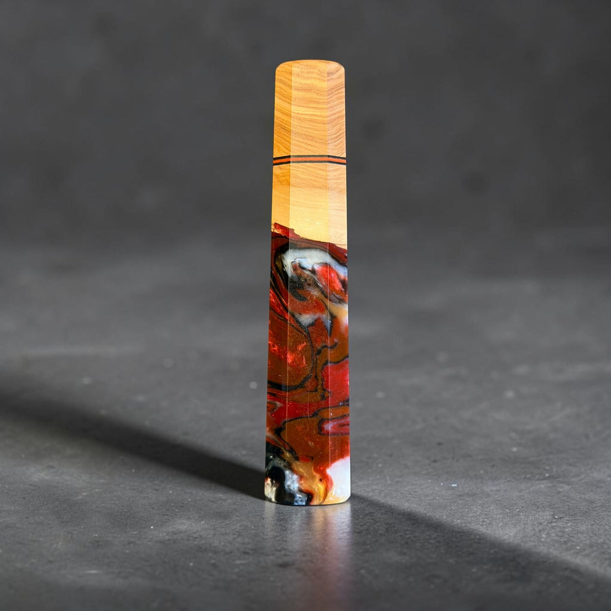 Prisma Knife Crimson Rift custom wa handle, 141mm, with golden figured wood and red, black, and white resin.
