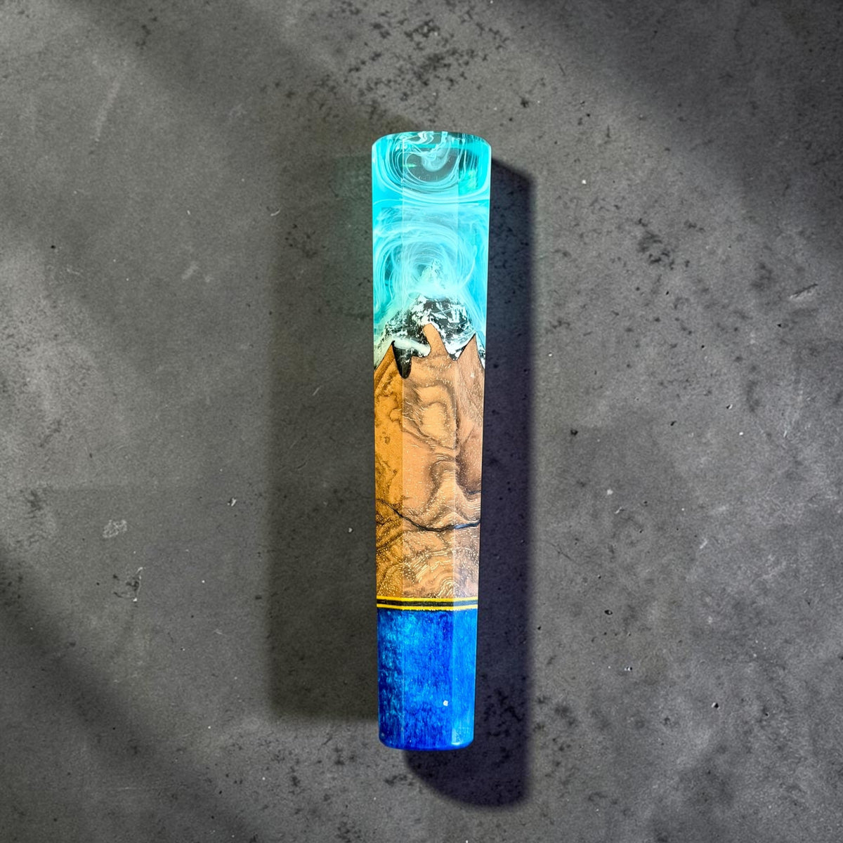 Prisma Knife Glacial Summit custom wa handle, 139mm, with turquoise resin mountain scene, figured wood, and blue end cap.