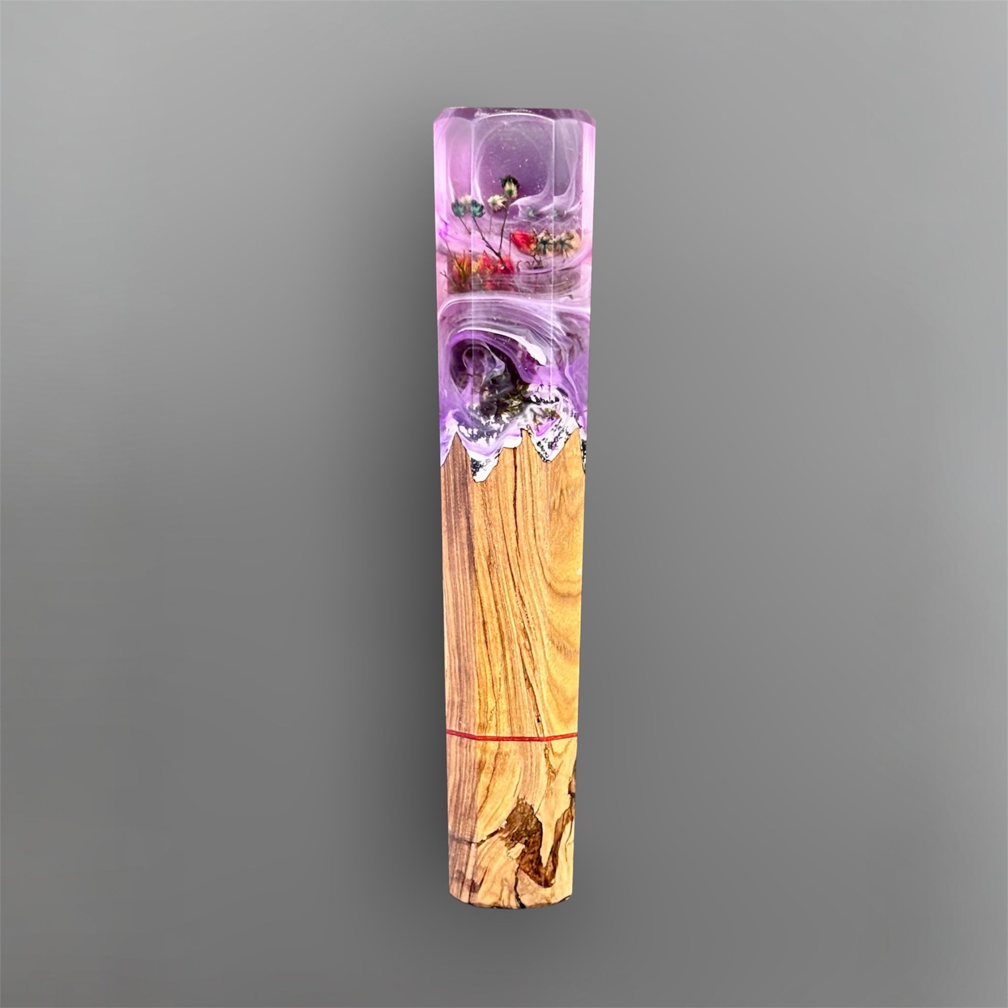 Prisma Knife Handle 5, purple resin floral landscape wa handle with wood body and red accent spacer.
