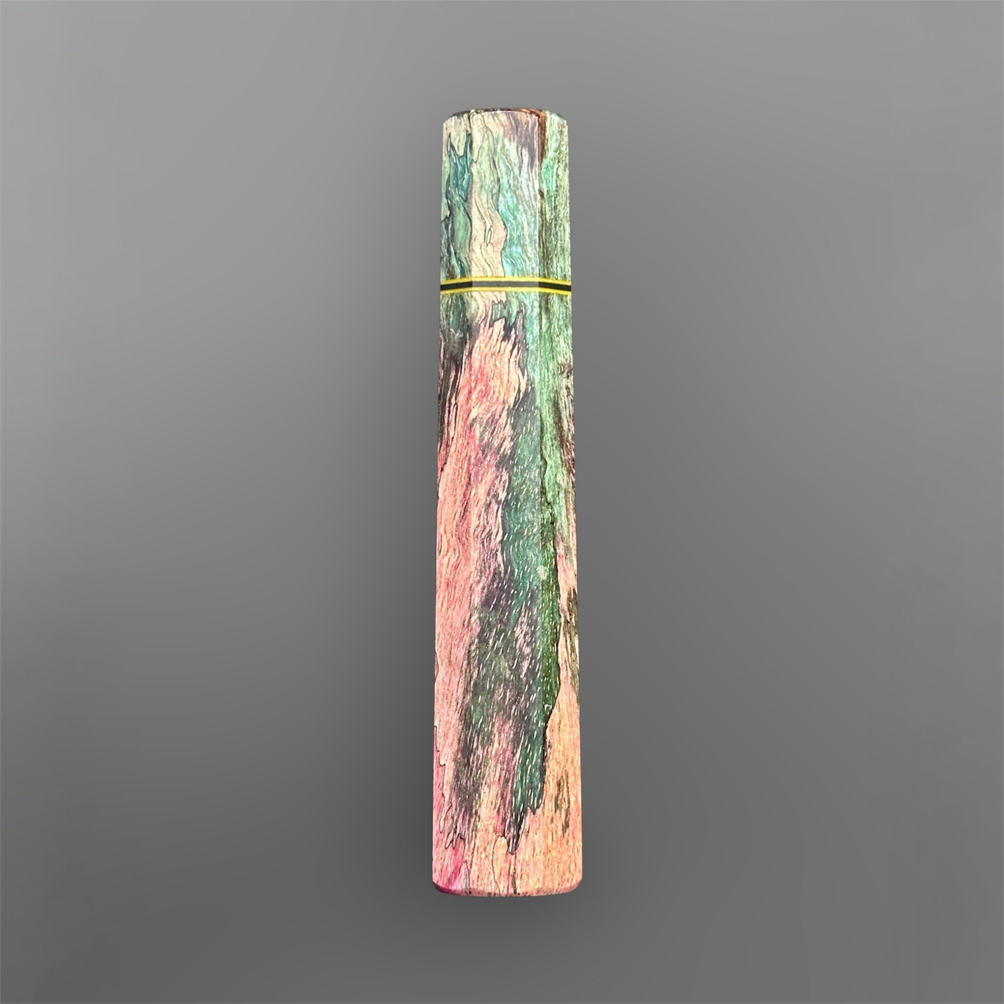 Prisma Knife Handle 9, green and pink figured wood wa handle with black and yellow accent spacer.