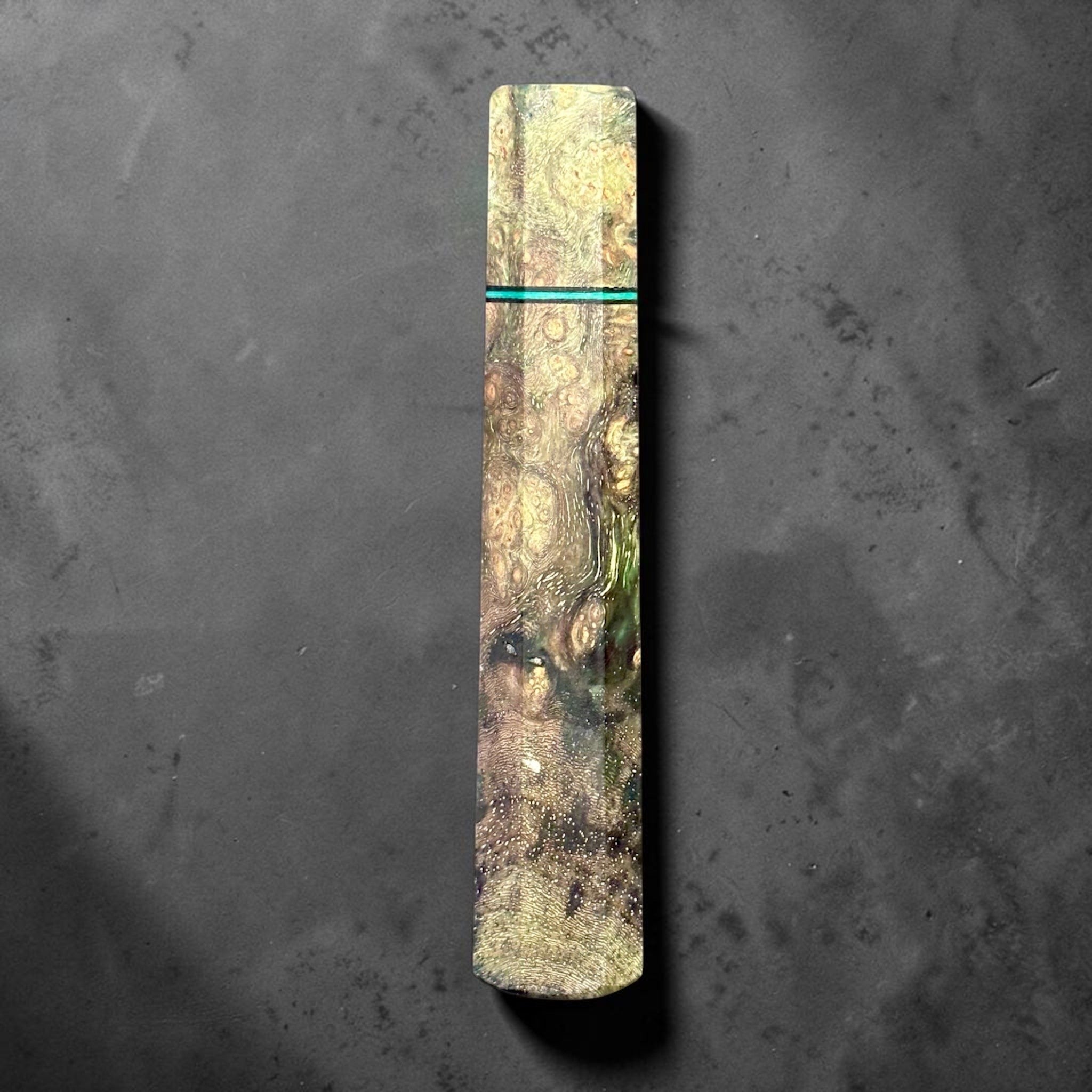 Prisma Knife Handle 10, green burl-style wood wa handle with teal and black accent spacer.