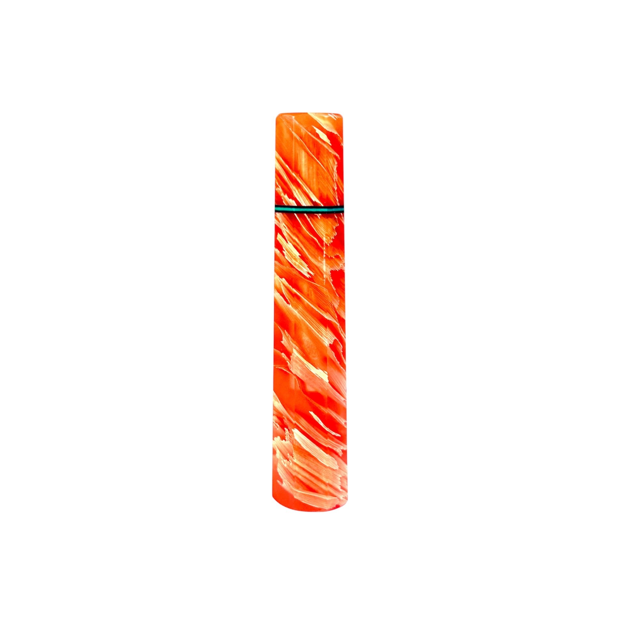 Prisma Knife “Orange Twistwood” custom wa handle — swirling orange resin with feather‑like cream streaks, reverse view, isolated on white.