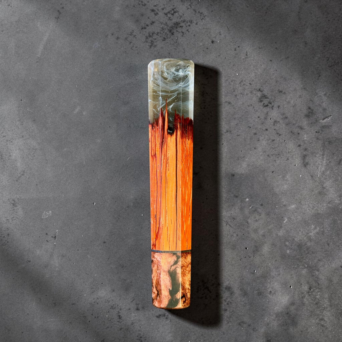 Prisma Knife Smoke and Flame custom wa handle, 140mm, with smoky clear resin, vivid orange wood, and burl end cap.