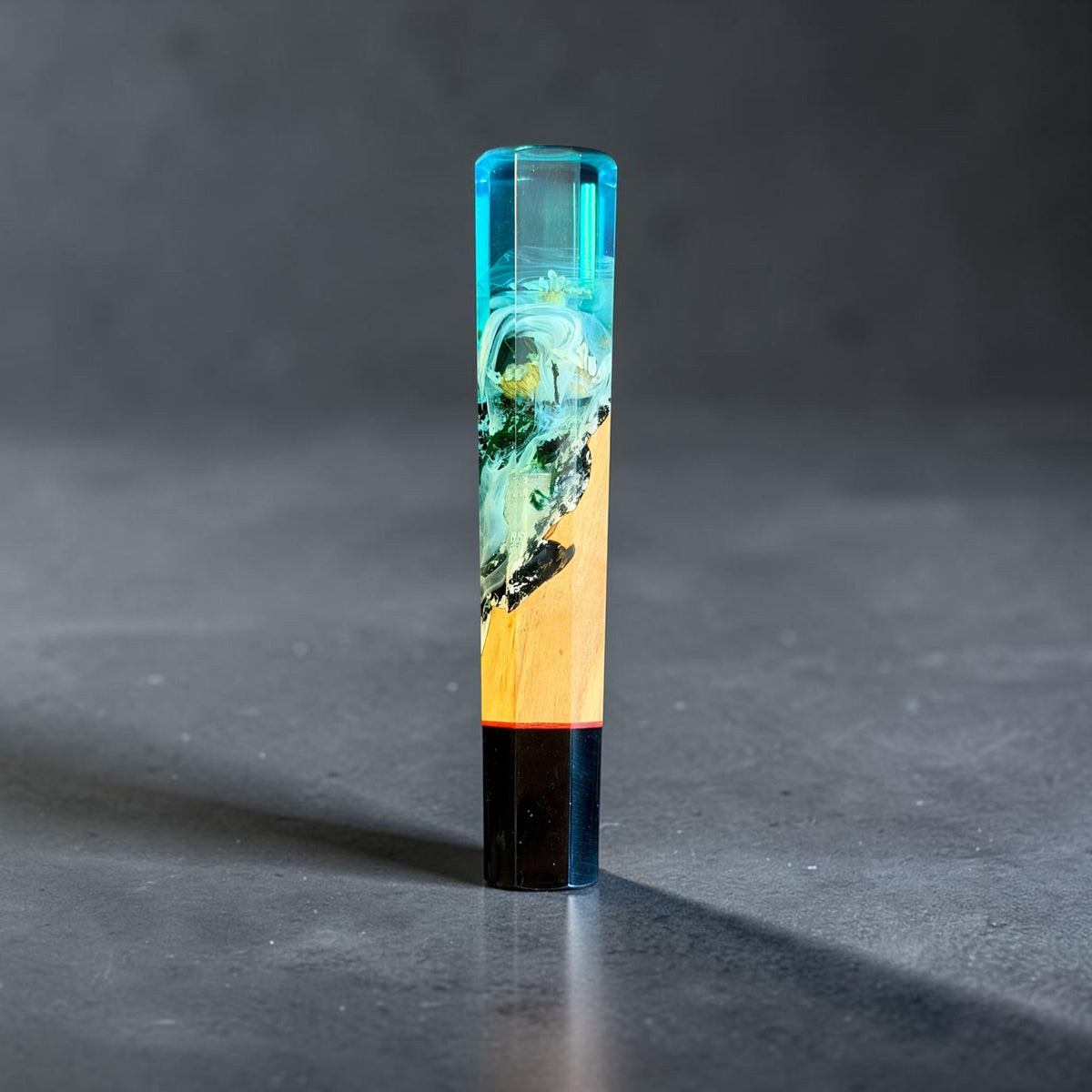 Prisma Knife Tidal Forest custom wa handle, 140mm, with turquoise resin, pale figured wood, and black end cap.