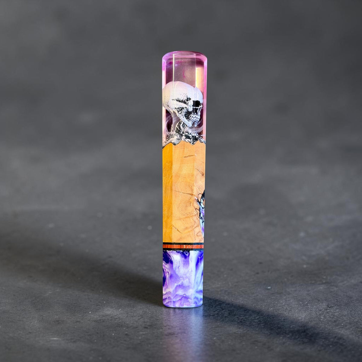 Prisma Knife Violet Requiem custom wa handle, 143mm, with a skull in violet resin, figured wood, and purple end cap.