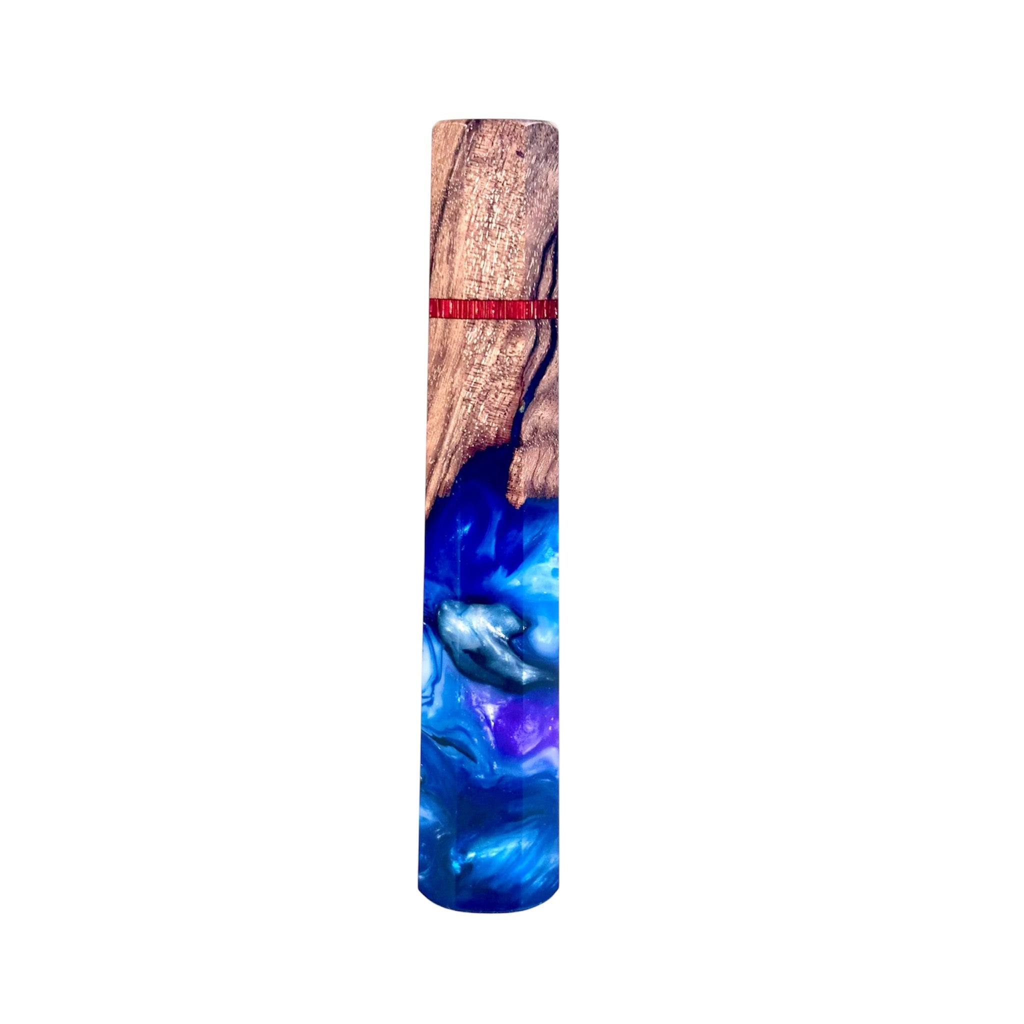 Prisma Knife custom Wa handle 'Wooden Nebula', front view showing swirling blue-purple resin and natural burl wood.
