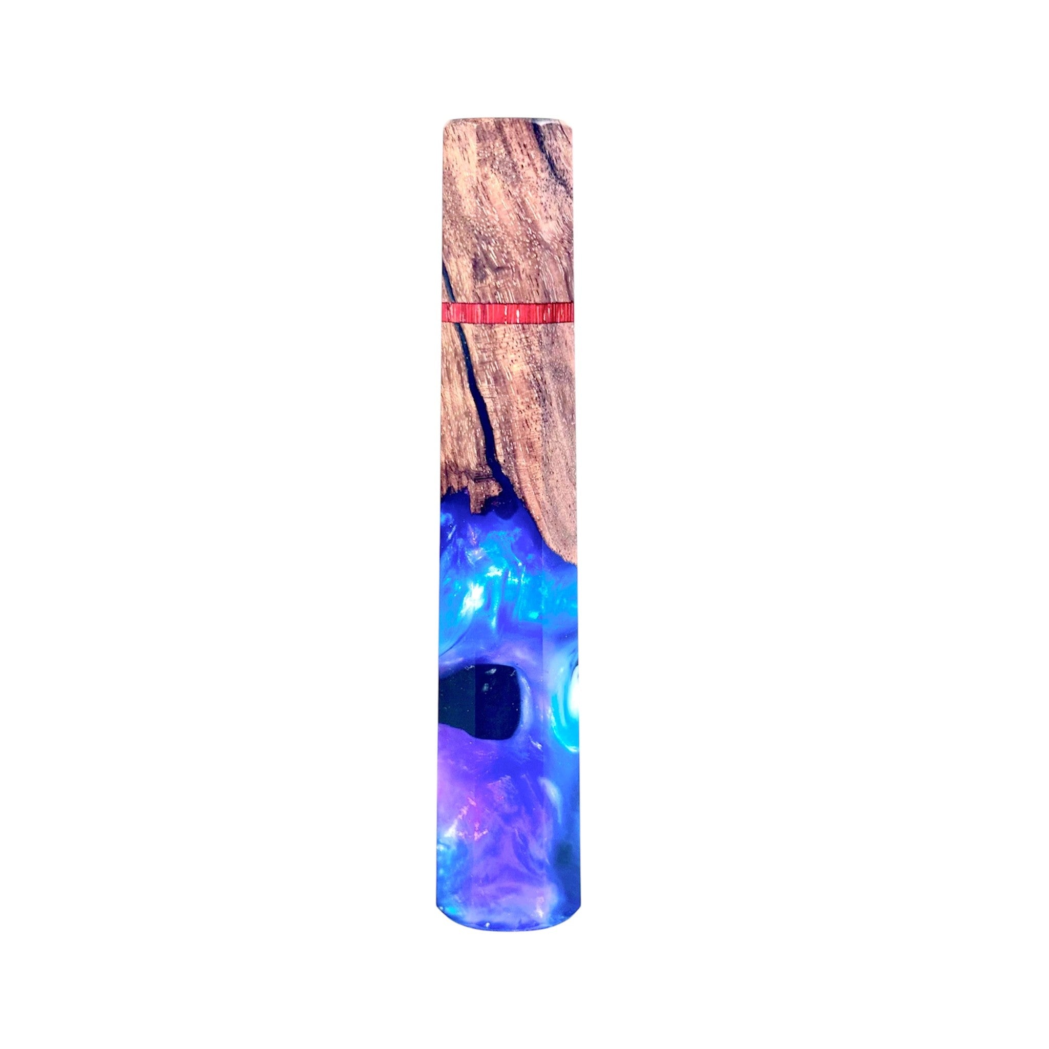Prisma Knife custom Wa handle 'Wooden Nebula', reverse view showing swirling blue-purple resin and natural burl wood.