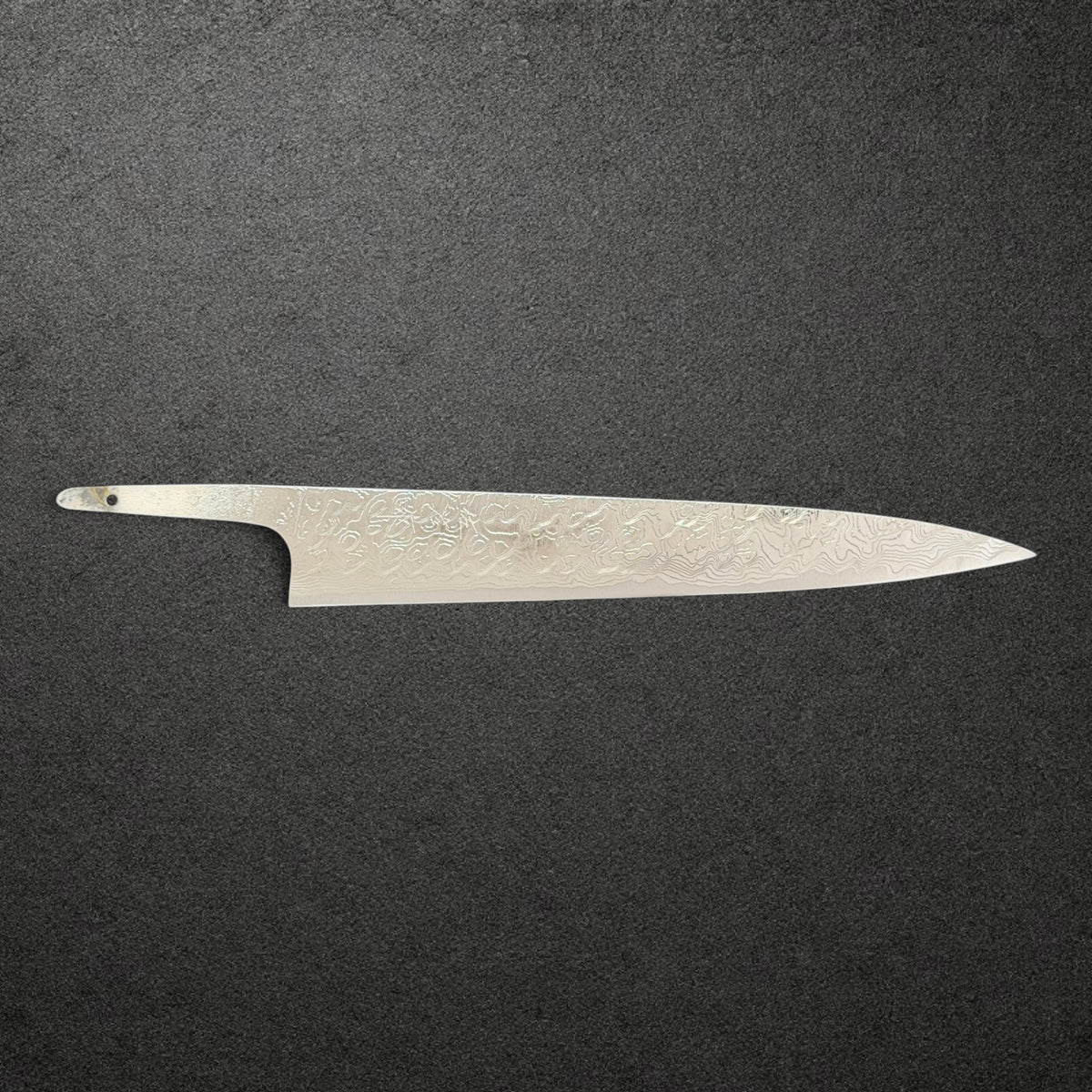 Takeshi Saji R2 Diamond Damascus Sujihiki 240mm, signed side profile showing the full blade and tang