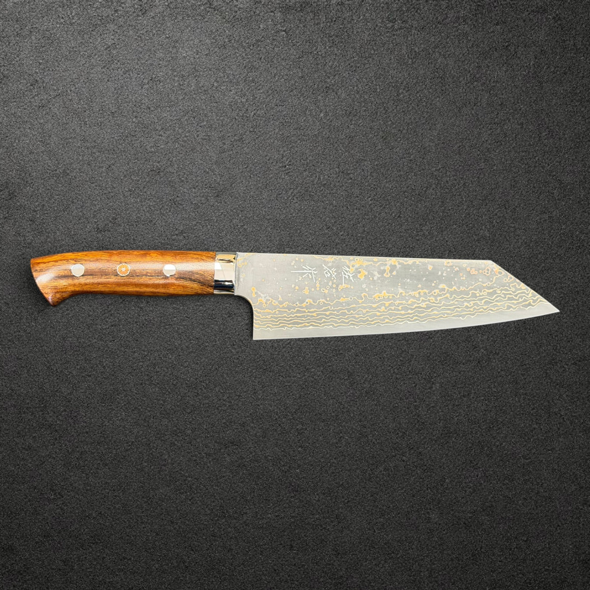 Takeshi Saji VG-10W Gold Damascus Bunka 170mm with ironwood handle, side profile