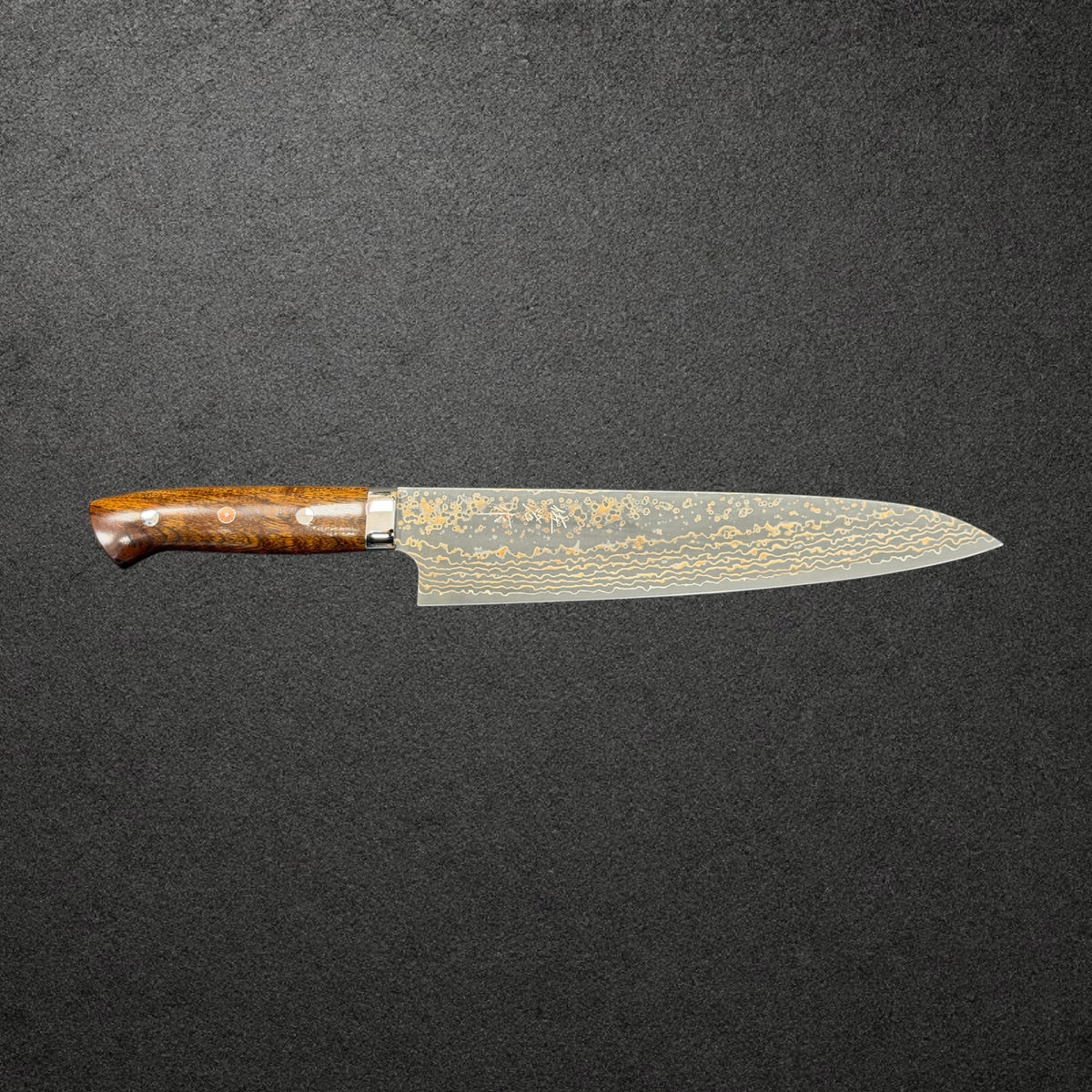 Takeshi Saji VG-10W Gold Damascus Gyuto 240mm with ironwood handle, signed side profile
