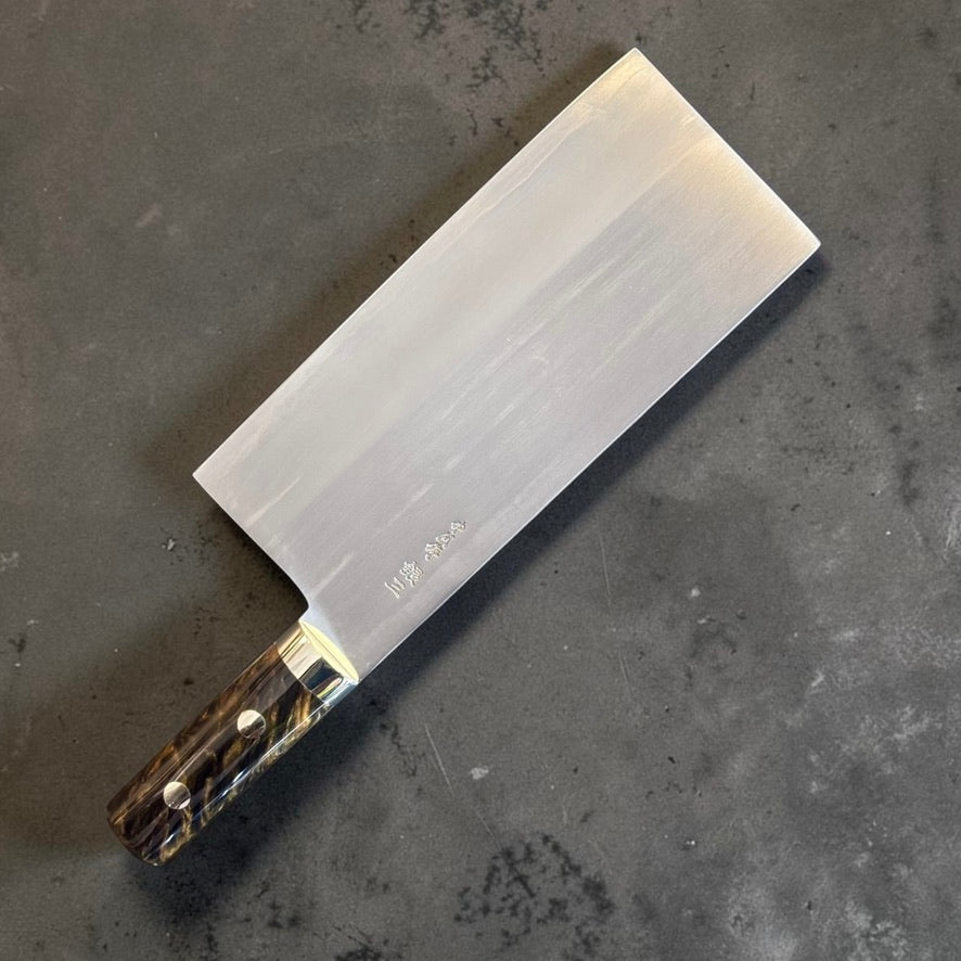 Satoshi Nakagawa Ginsan Chinese cleaver with dark acrylic handle, engraved side