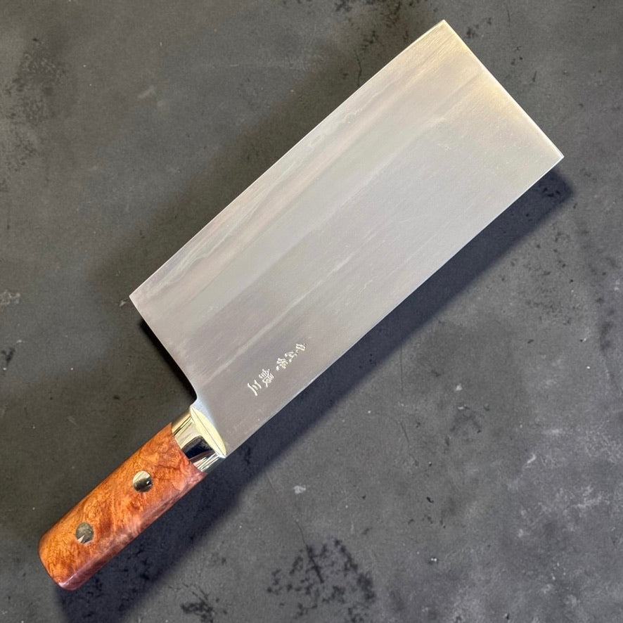 Satoshi Nakagawa Ginsan Chinese cleaver with Karin wood handle, engraved side