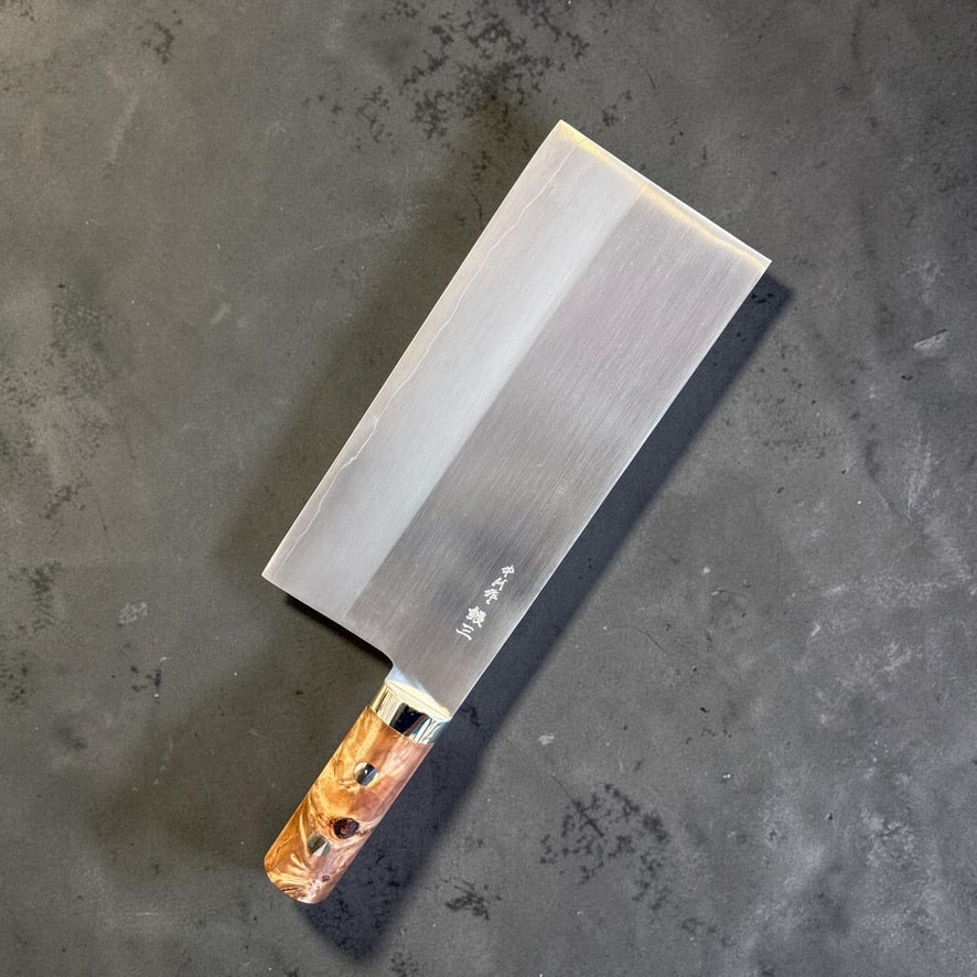 Satoshi Nakagawa Ginsan Chinese cleaver with maple wood handle, engraved side