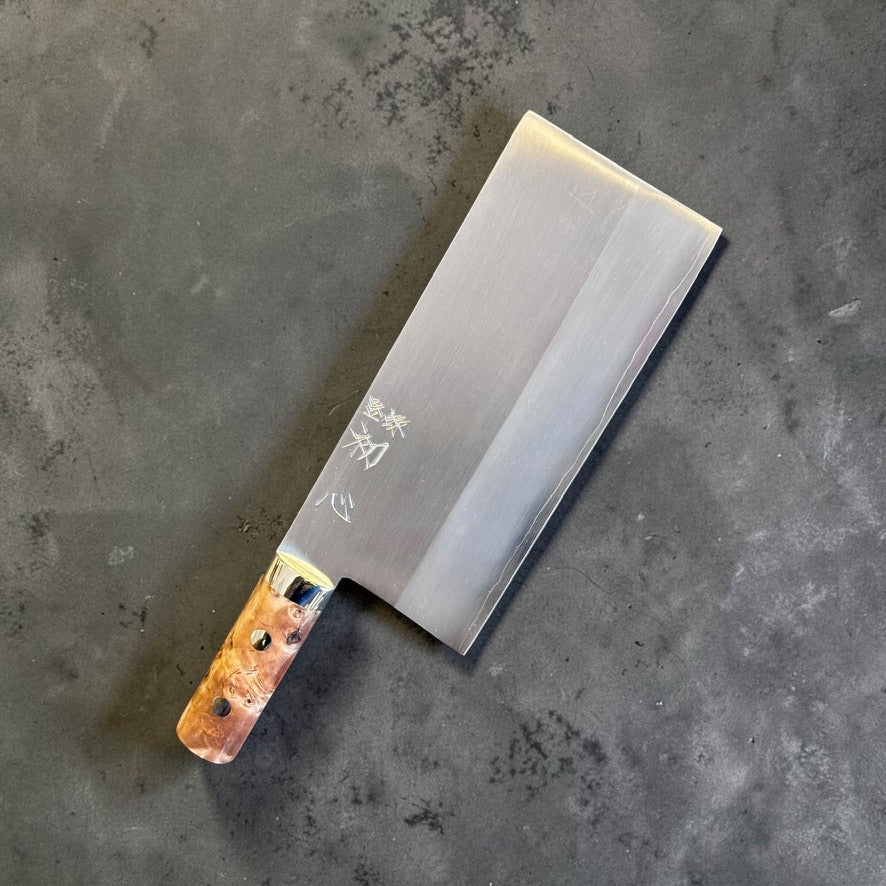Satoshi Nakagawa Ginsan Chinese cleaver with maple wood handle, reverse side