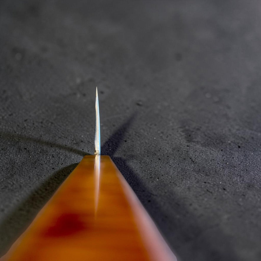 Satoshi Nakagawa Blue #1 Damascus Gyuto 240mm sharpened by Morihiro with one-of-one Prisma handle, choil view.