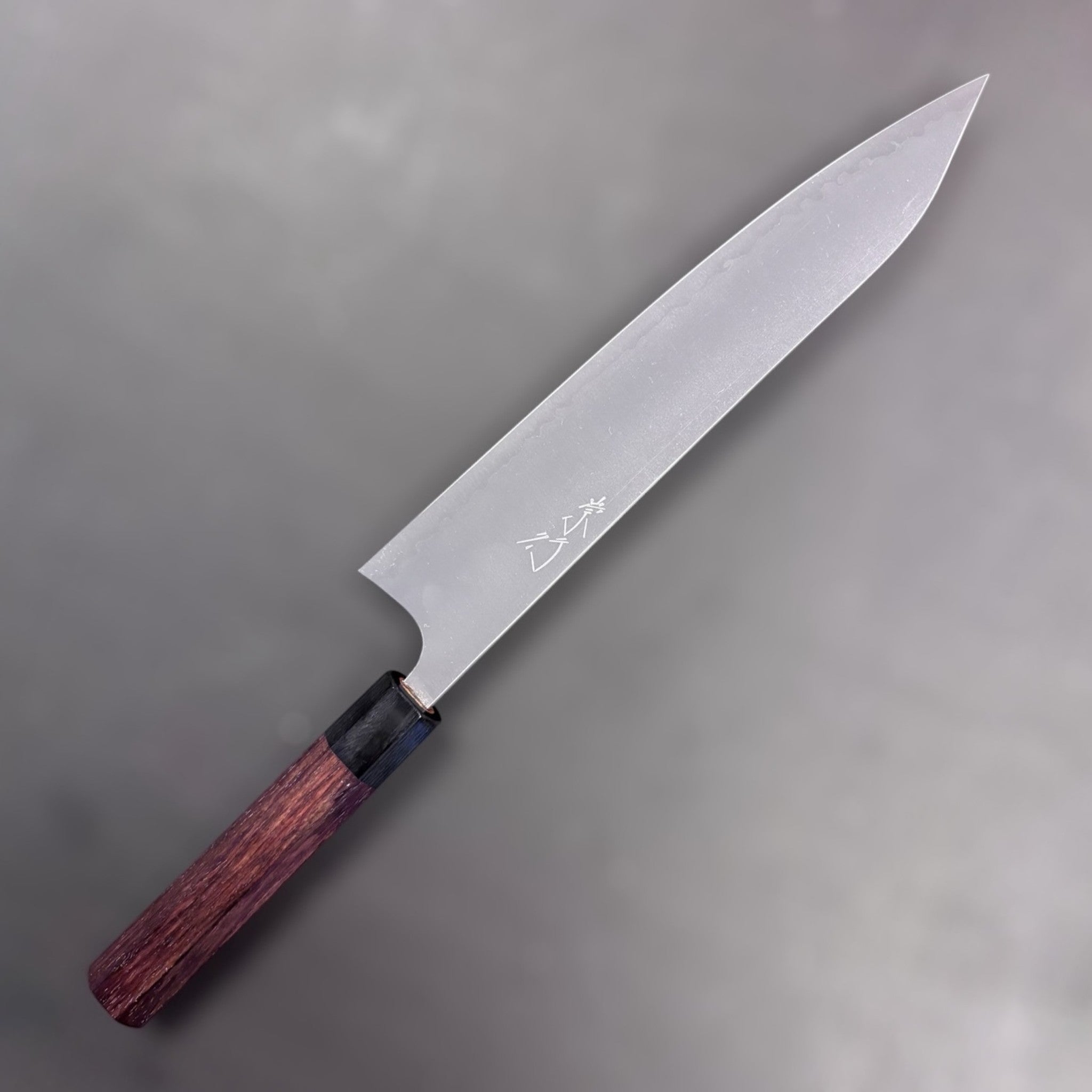 Shibata Koutetsu Aogami Super Gyuto 240 mm, logo side of blade showing kanji.