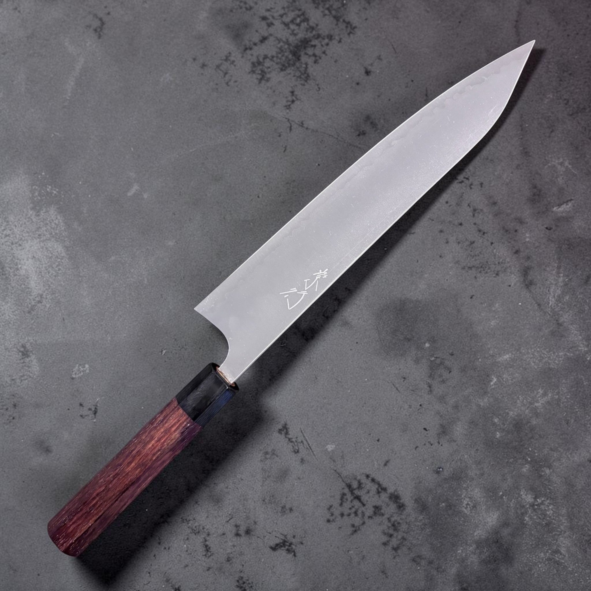 Shibata Koutetsu Aogami Super Gyuto 240 mm, logo side of blade showing kanji.