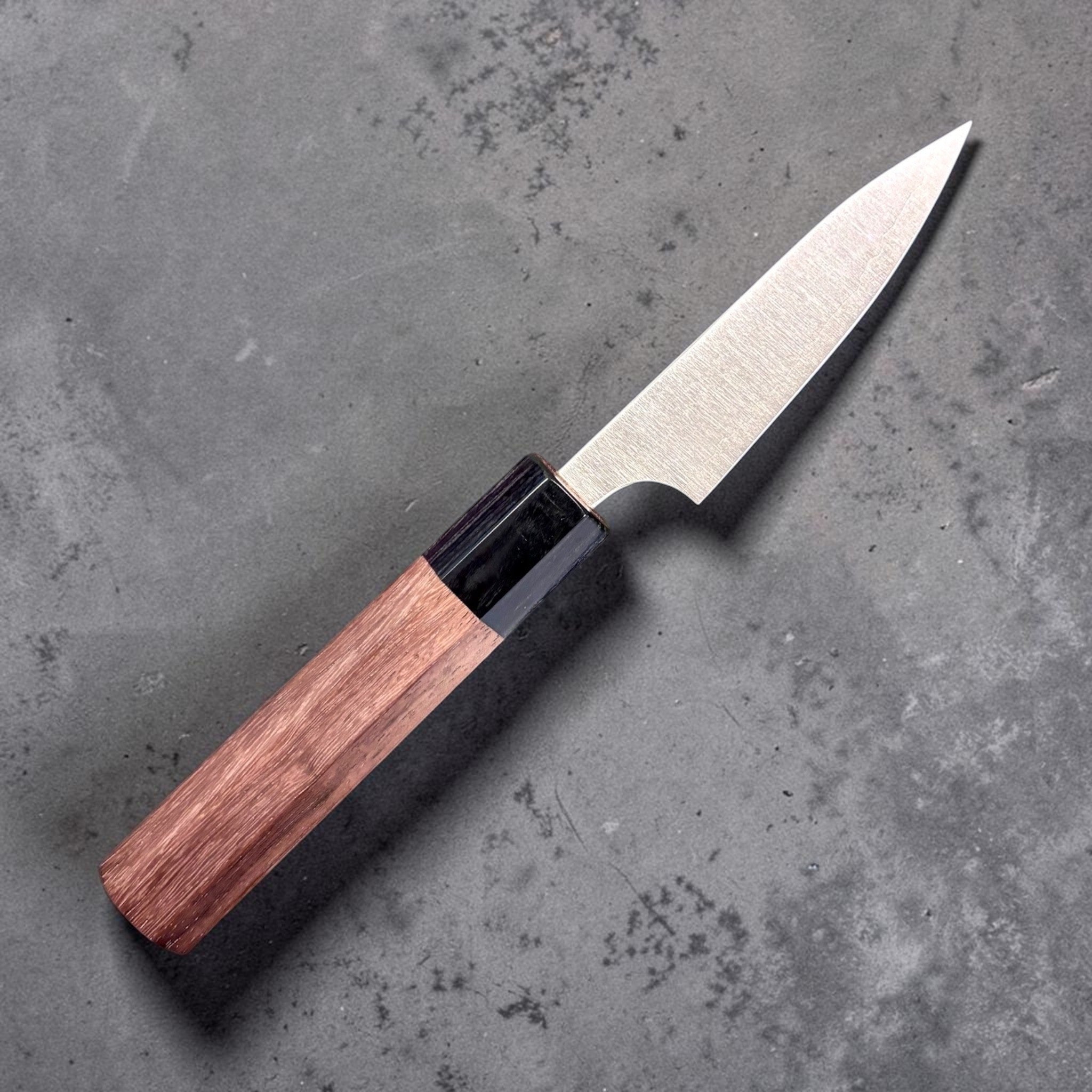 Shibata Koutetsu Aogami Super Migaki Petty 80 mm, right‑side profile showing walnut and ebony wa handle and satin blade.